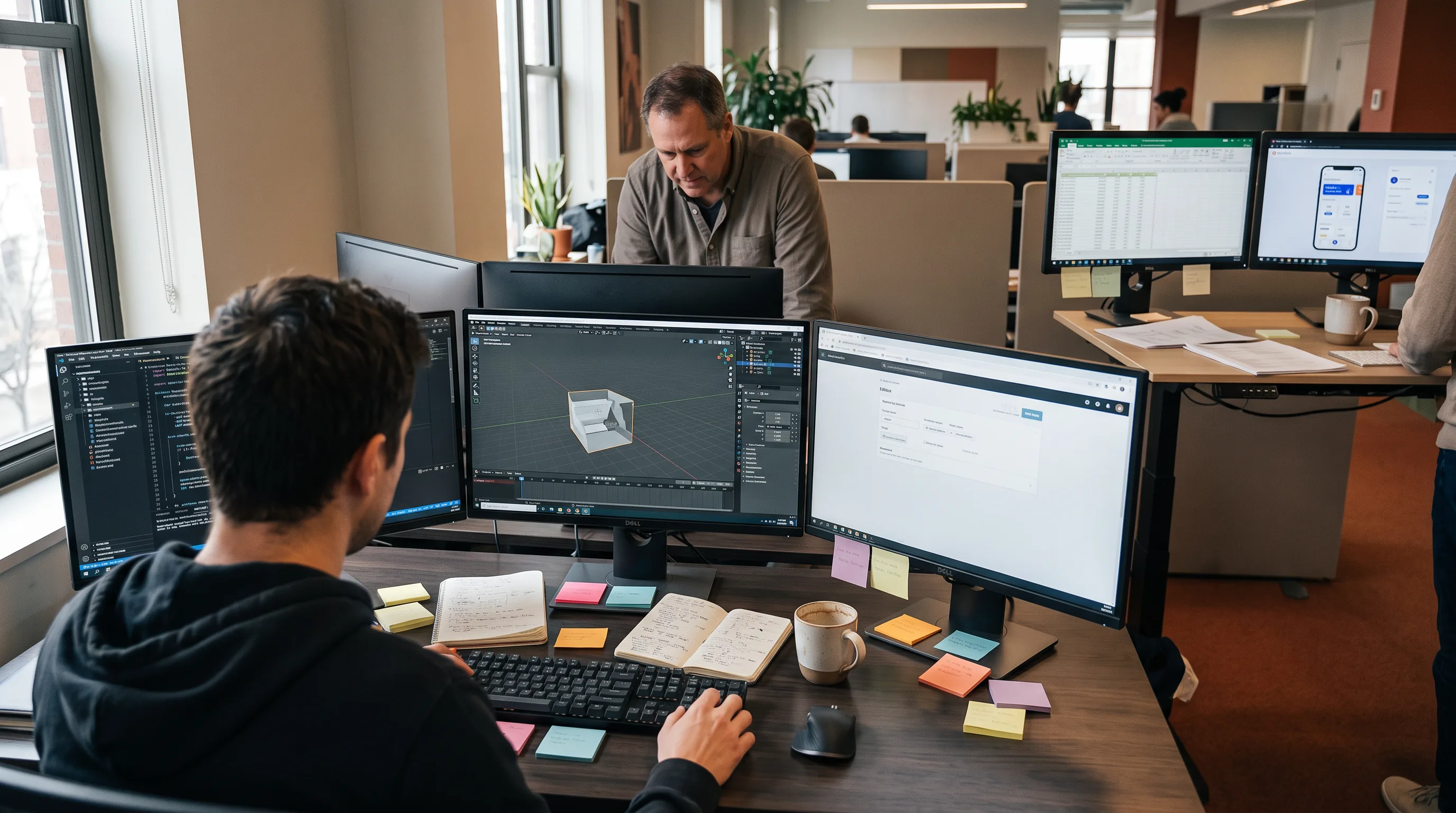 Product manager reviews financial projections on dual monitors at a standing desk