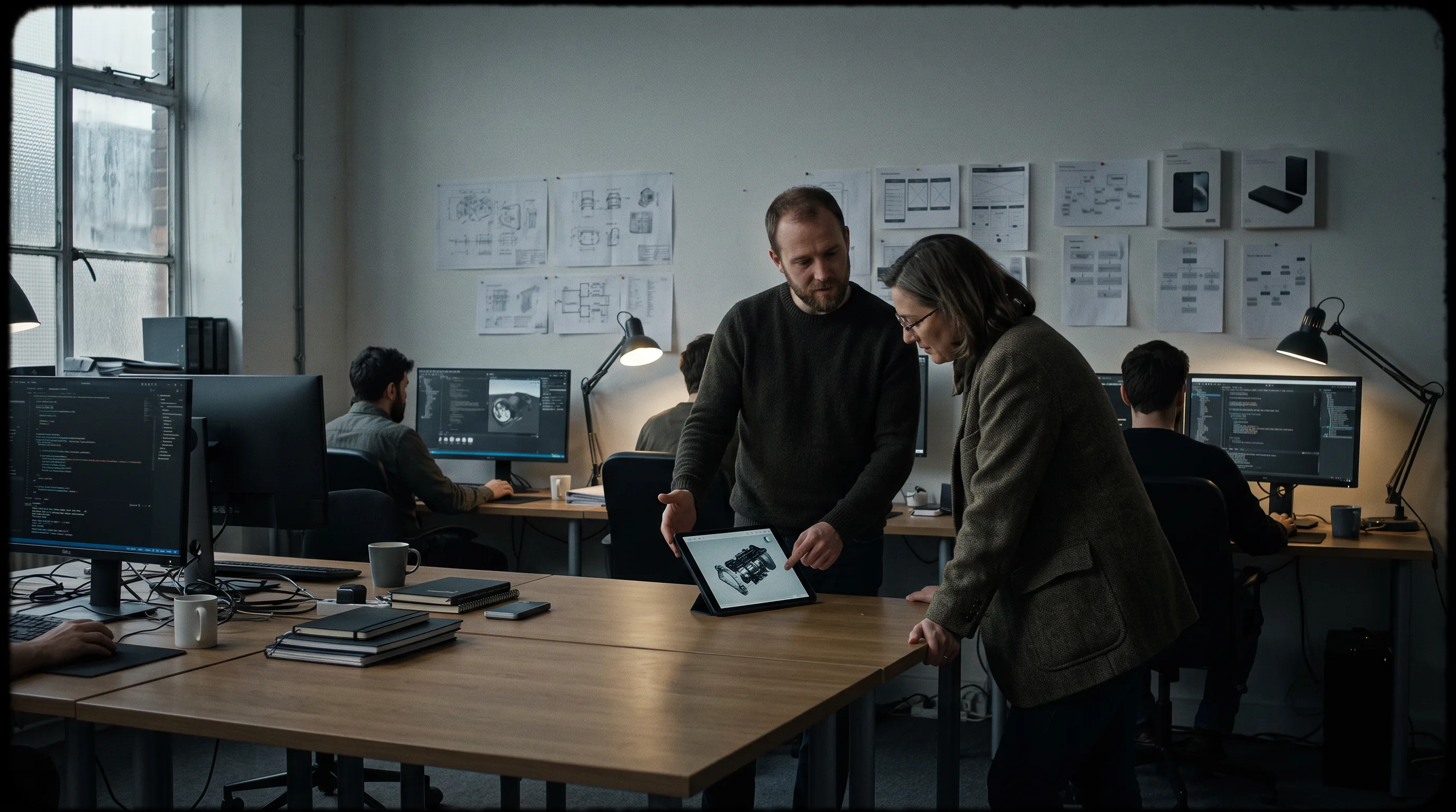AR development team in a studio workspace presents a field service app prototype to a client
