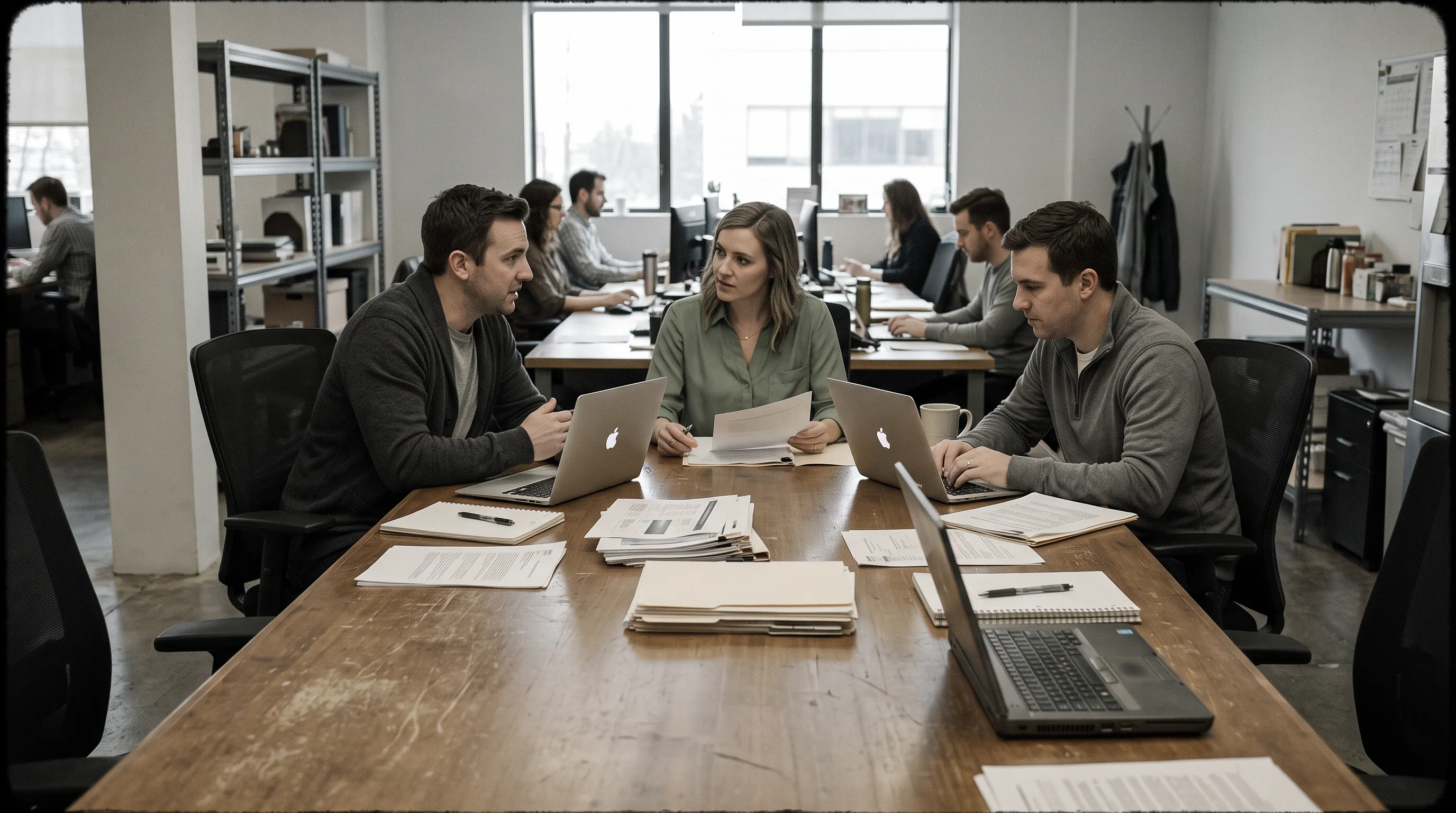 Small development team reviewing AR project scope documents at a conference table