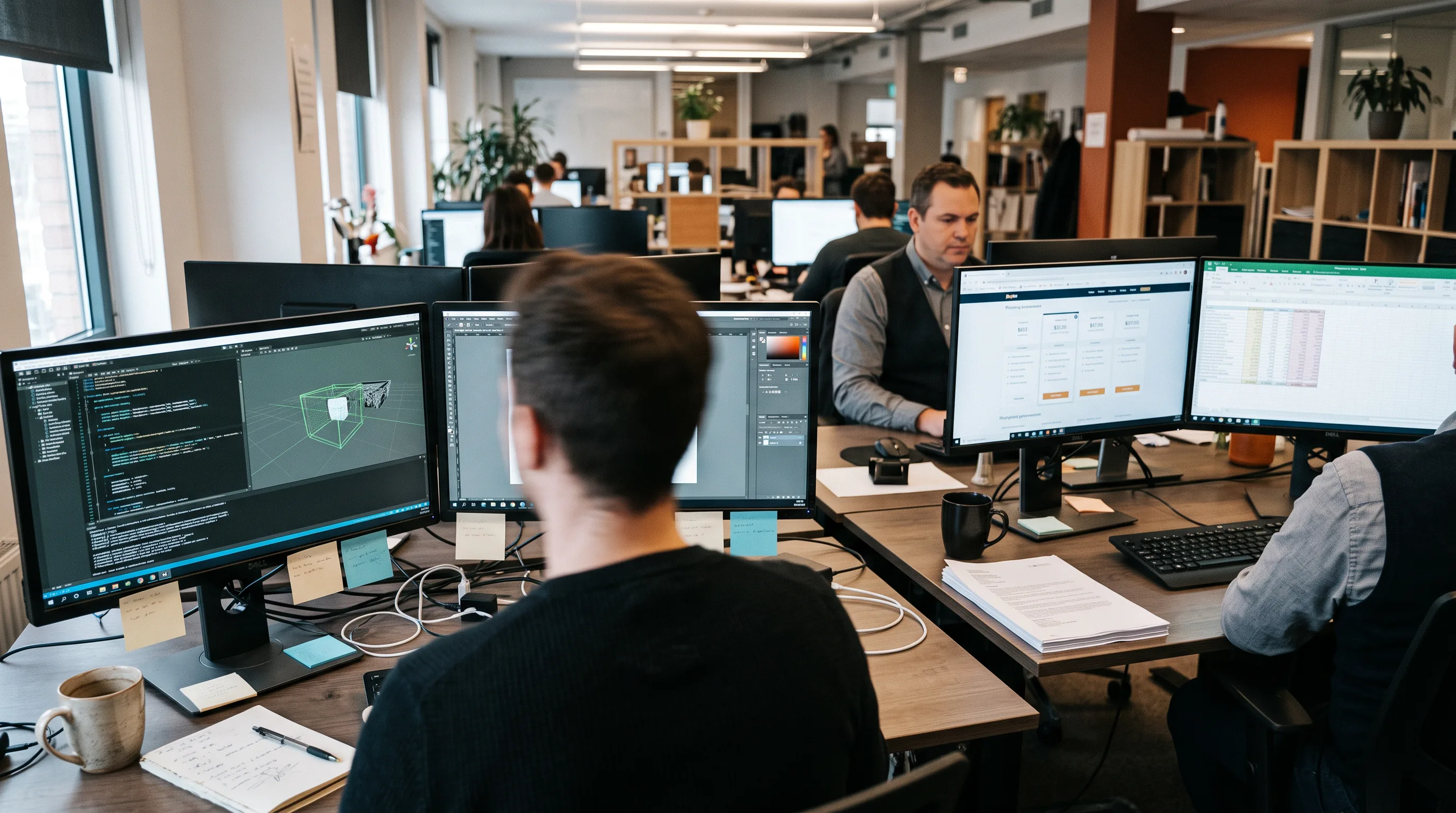 Operations director reviews AR platform pricing and development cost estimates on dual screens