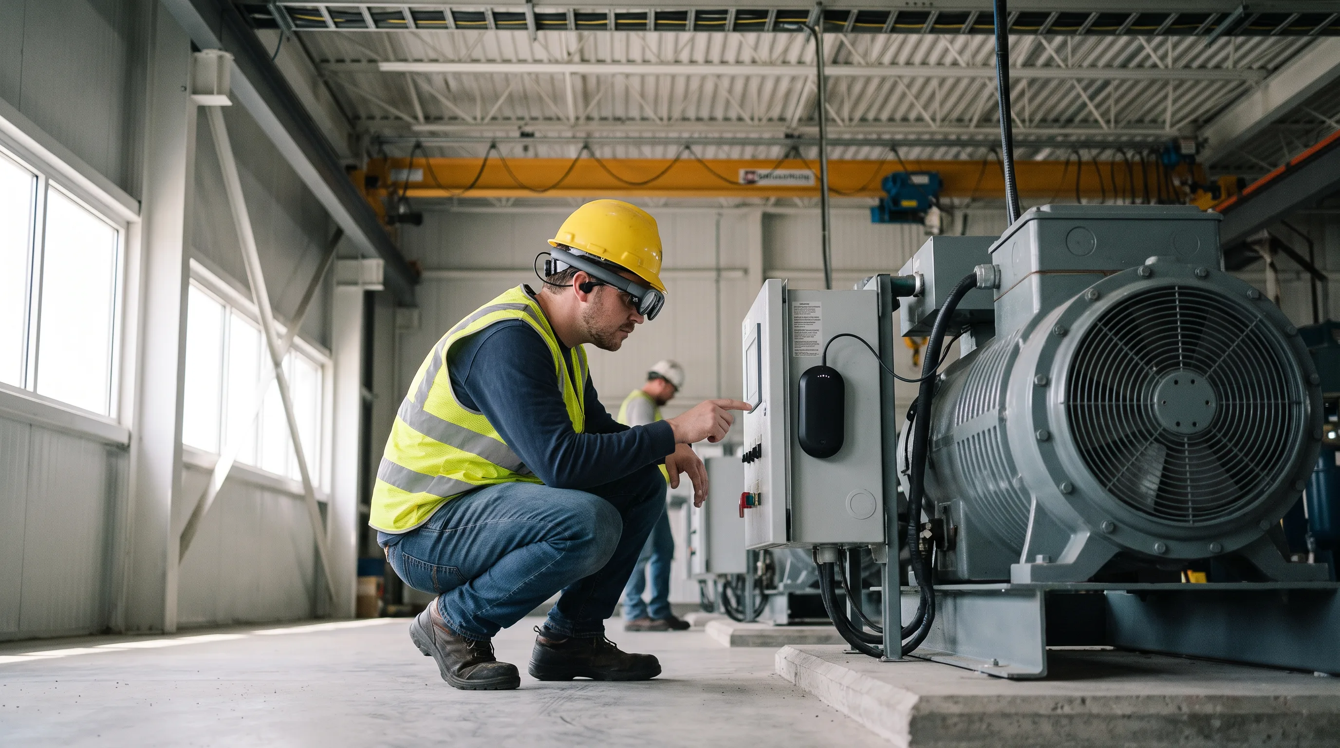 AR field service technician in smart glasses examines industrial equipment on a factory floor