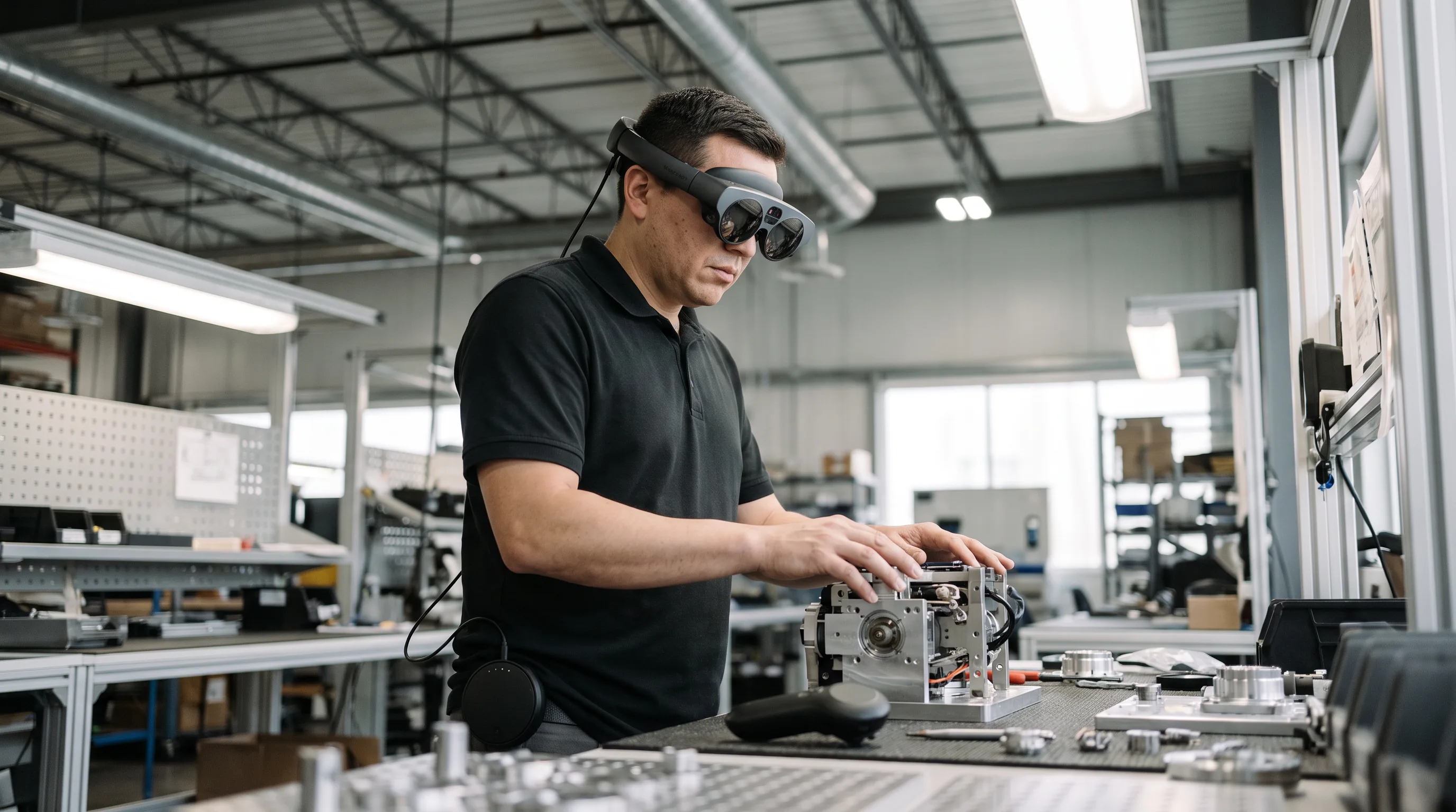 AR for manufacturing: technician at an assembly workstation wearing Magic Leap 2 glasses