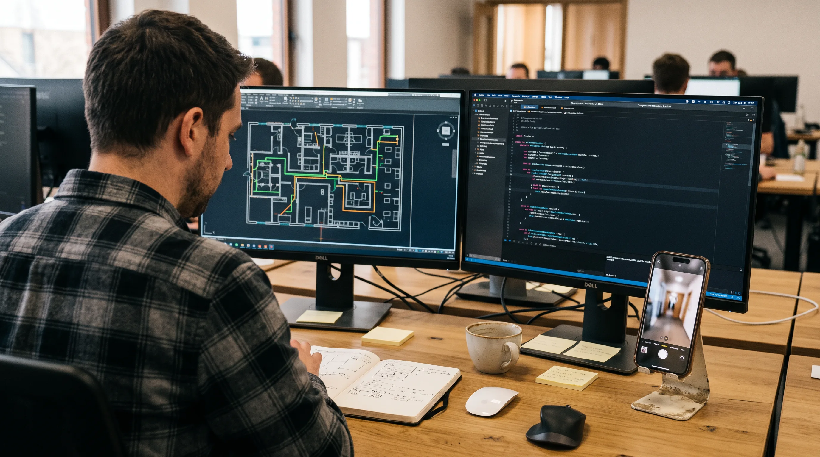 Developer at a dual-monitor workstation building an ARKit indoor navigation app