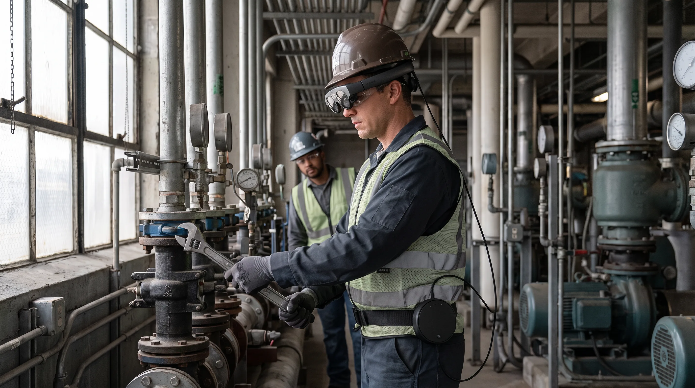 Technician wearing AR glasses receives remote expert guidance beside an industrial valve