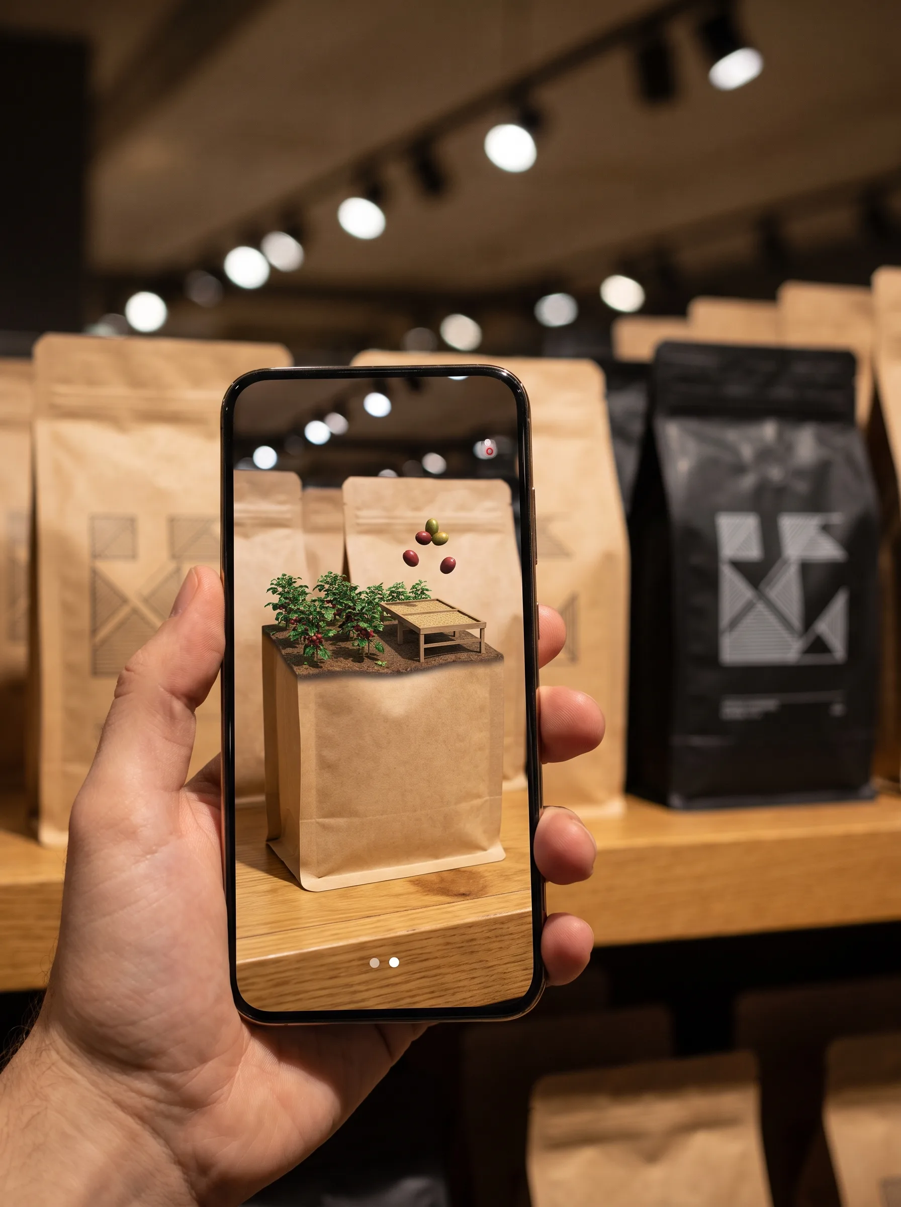 Phone held in front of a kraft coffee bag on a grocery shelf, showing an AR coffee-farm origin story rising from the package on screen