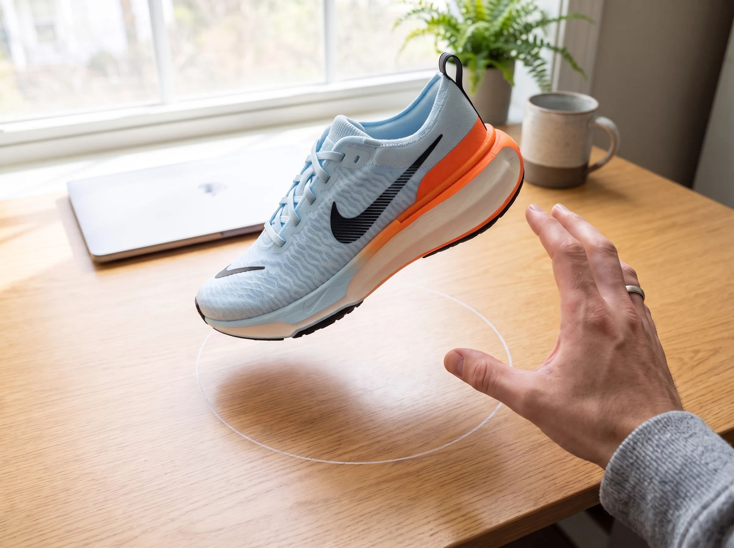 First-person view of a shopper turning a floating sky-blue running shoe in browser AR above a desk, no app required
