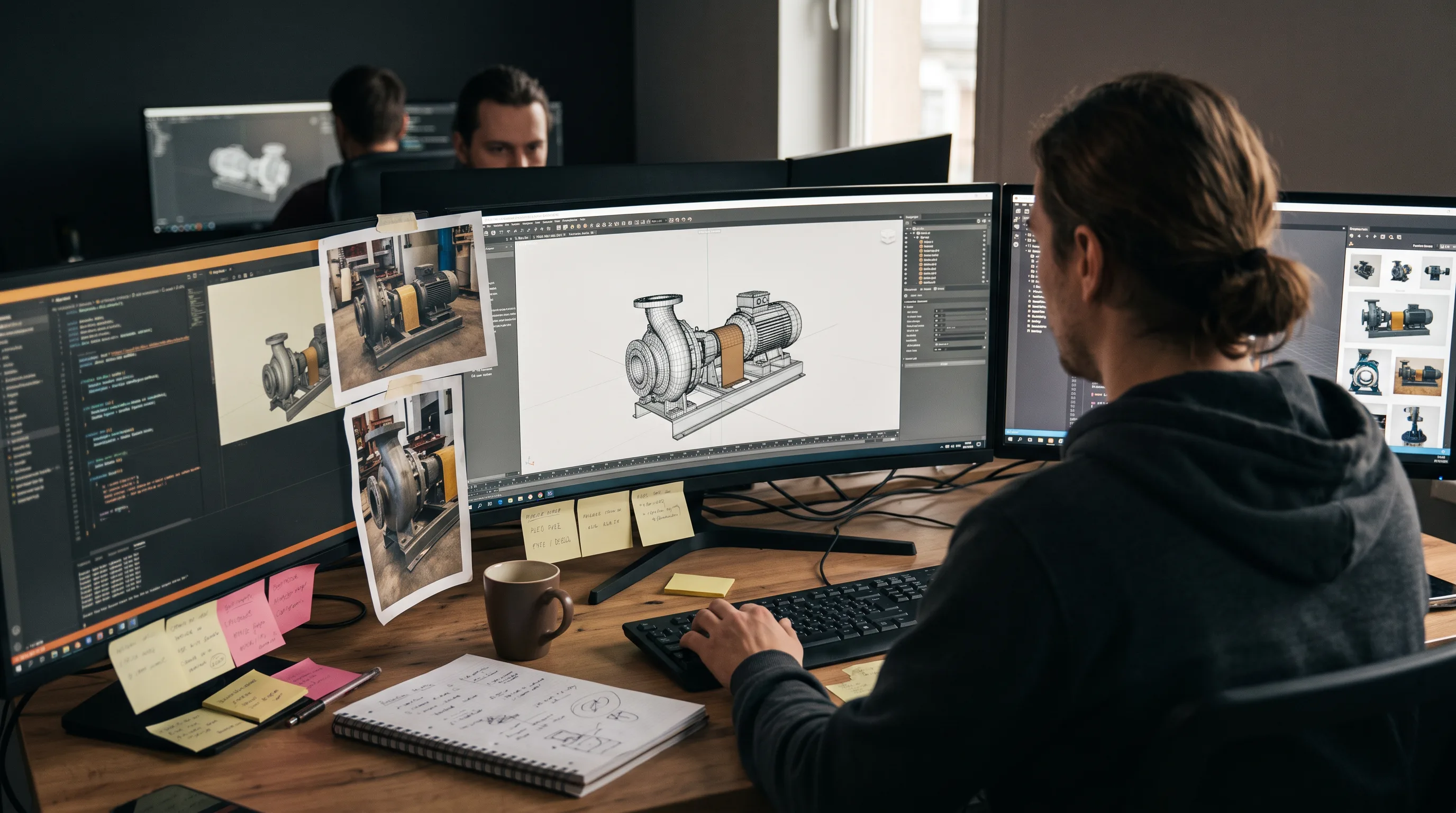 AR developer modeling industrial equipment in 3D software at a multi-screen workstation