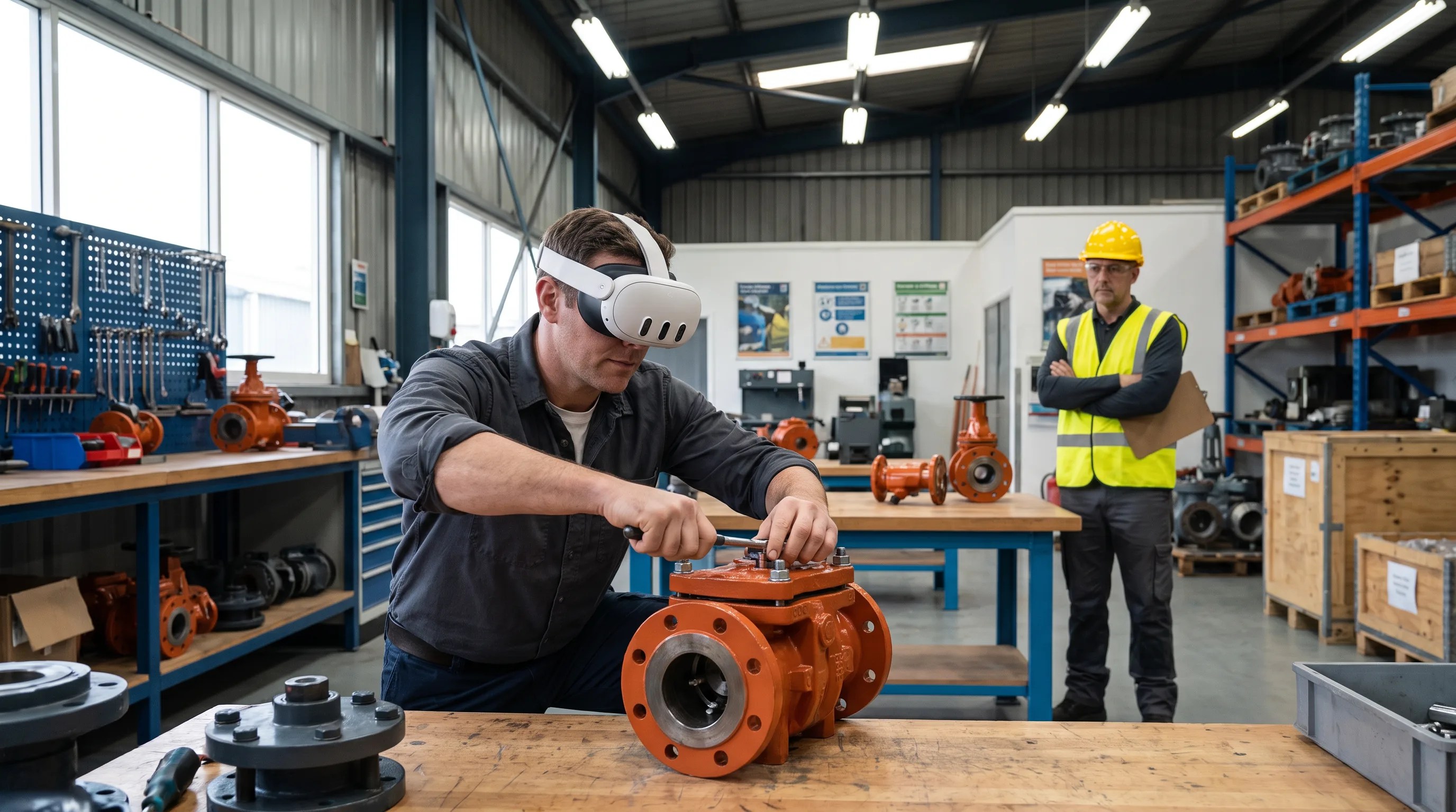 Technician wearing Meta Quest 3 headset during AR-guided valve assembly training