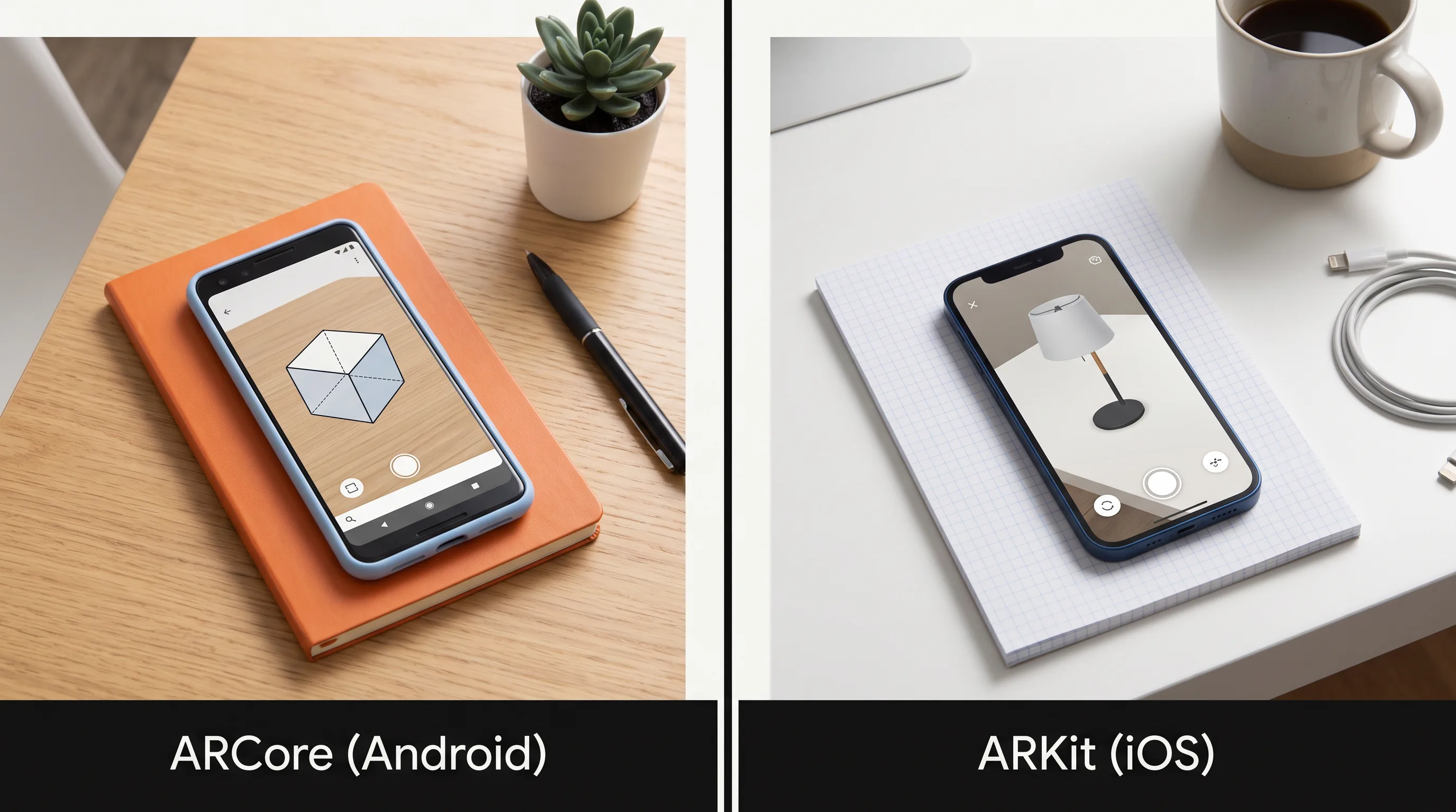 Two-panel comparison of ARCore for Android versus ARKit for iOS mobile AR platforms