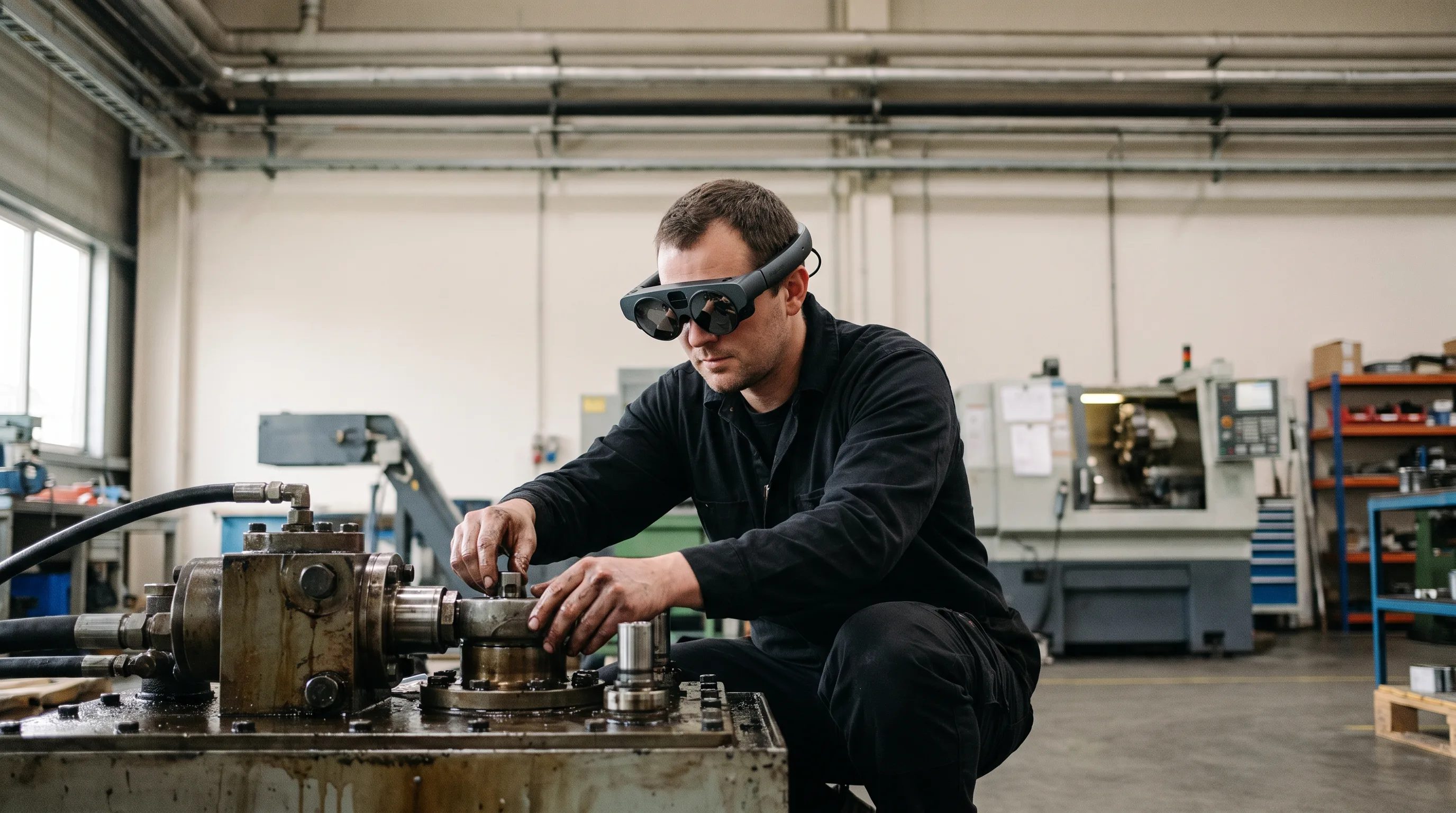 Maintenance technician using Magic Leap 2 augmented reality training software on factory floor