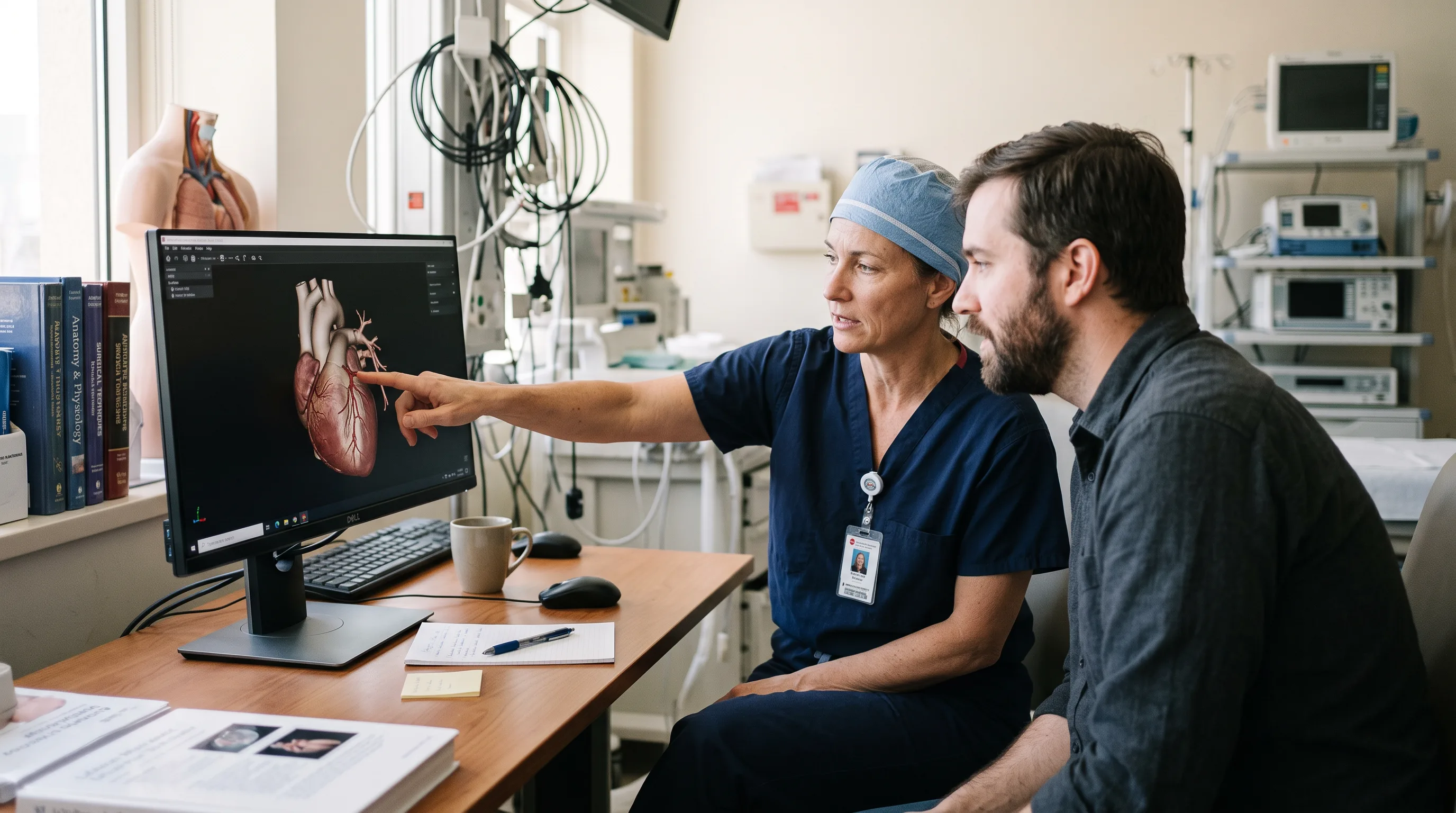 Surgeon and developer reviewing 3D anatomy simulation content for clinical accuracy on a large screen