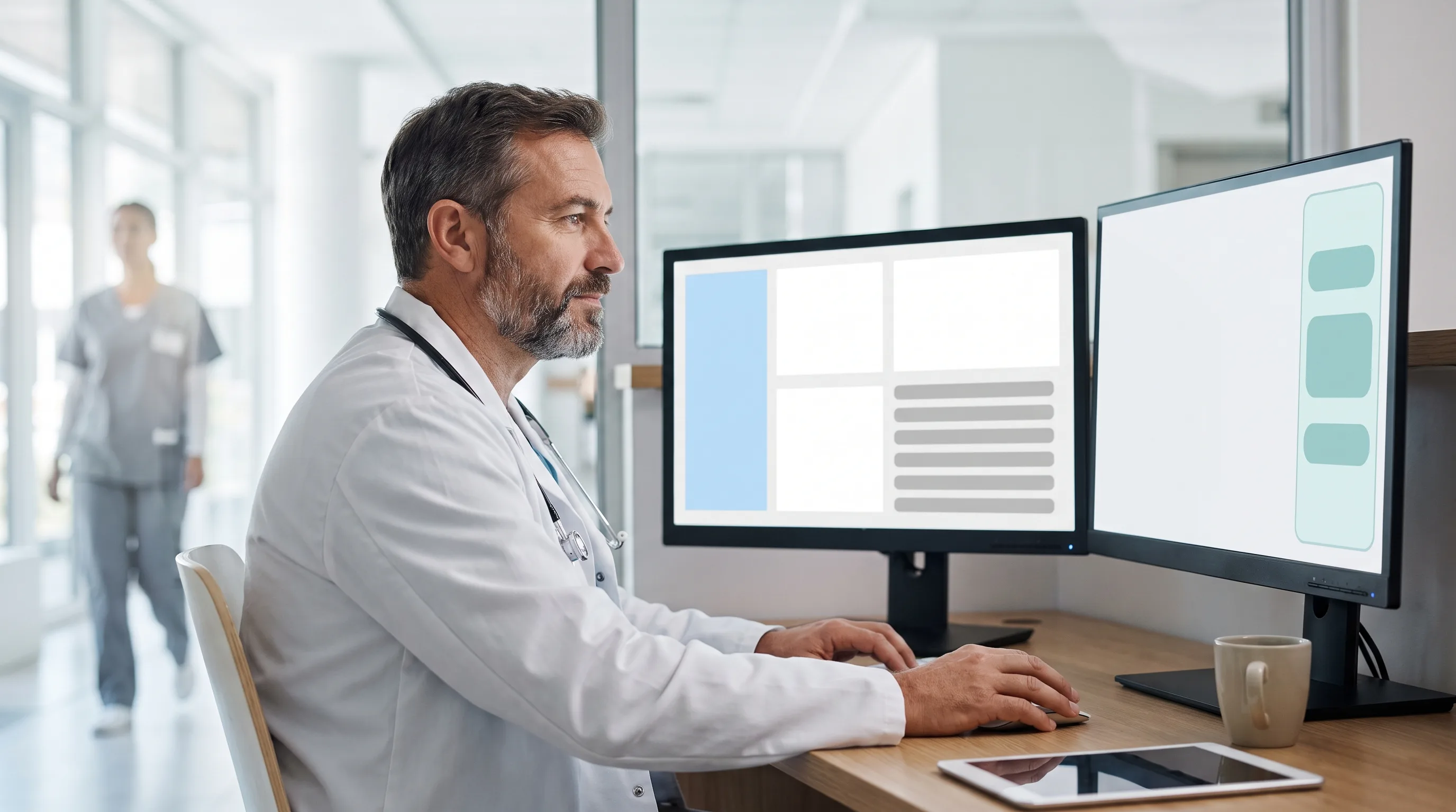 Physician reading an AI recommendation panel beside an EHR layout on a two-monitor hospital workstation