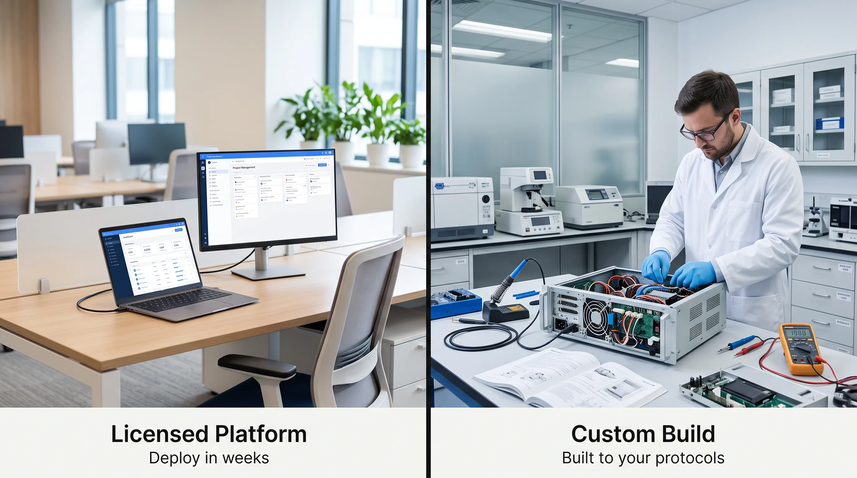 Split comparison showing licensed VR platform versus custom medical simulation development