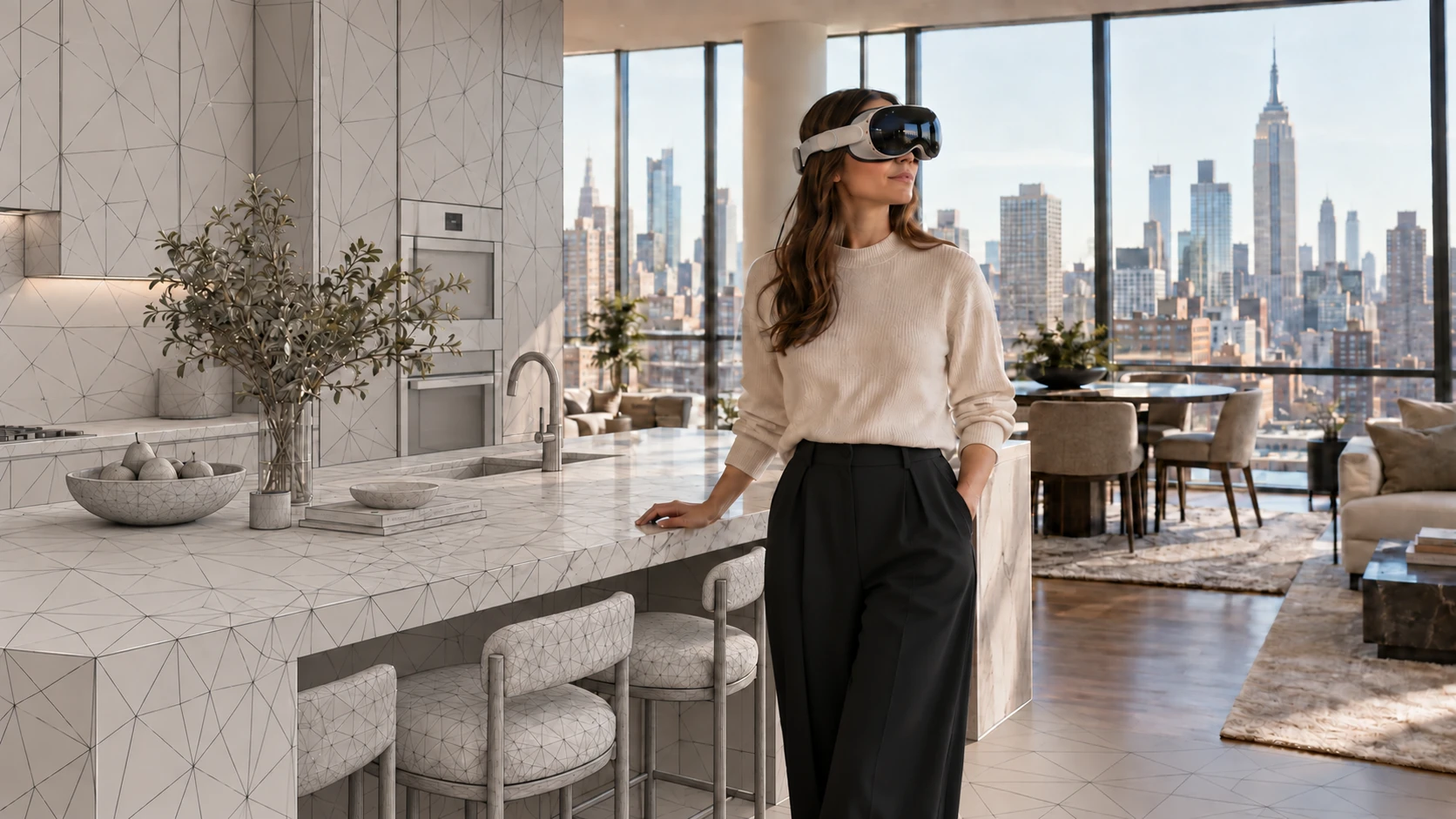 Designer wearing Apple Vision Pro standing in a kitchen that resolves from wireframe lines to a photoreal room — design review at true scale