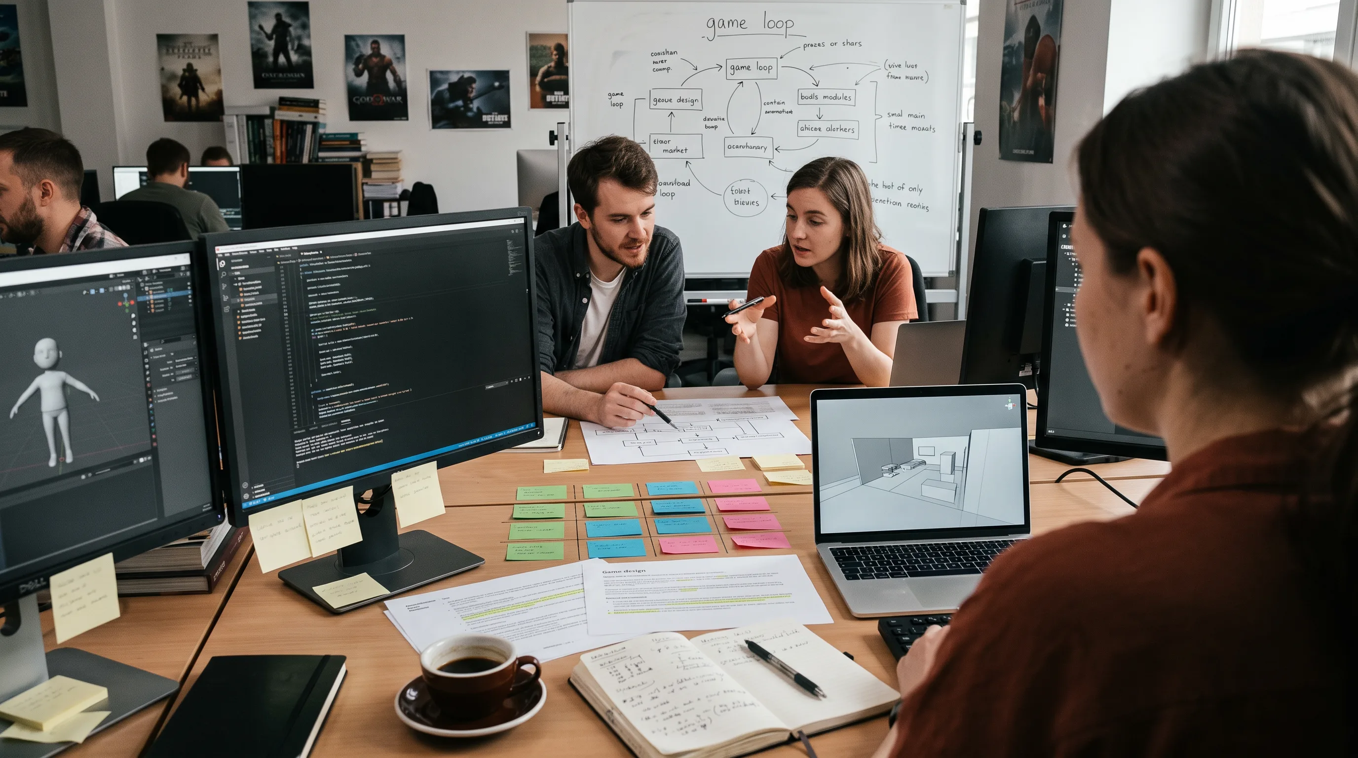Two developers reviewing game design documents and a 3D wireframe prototype at a planning table