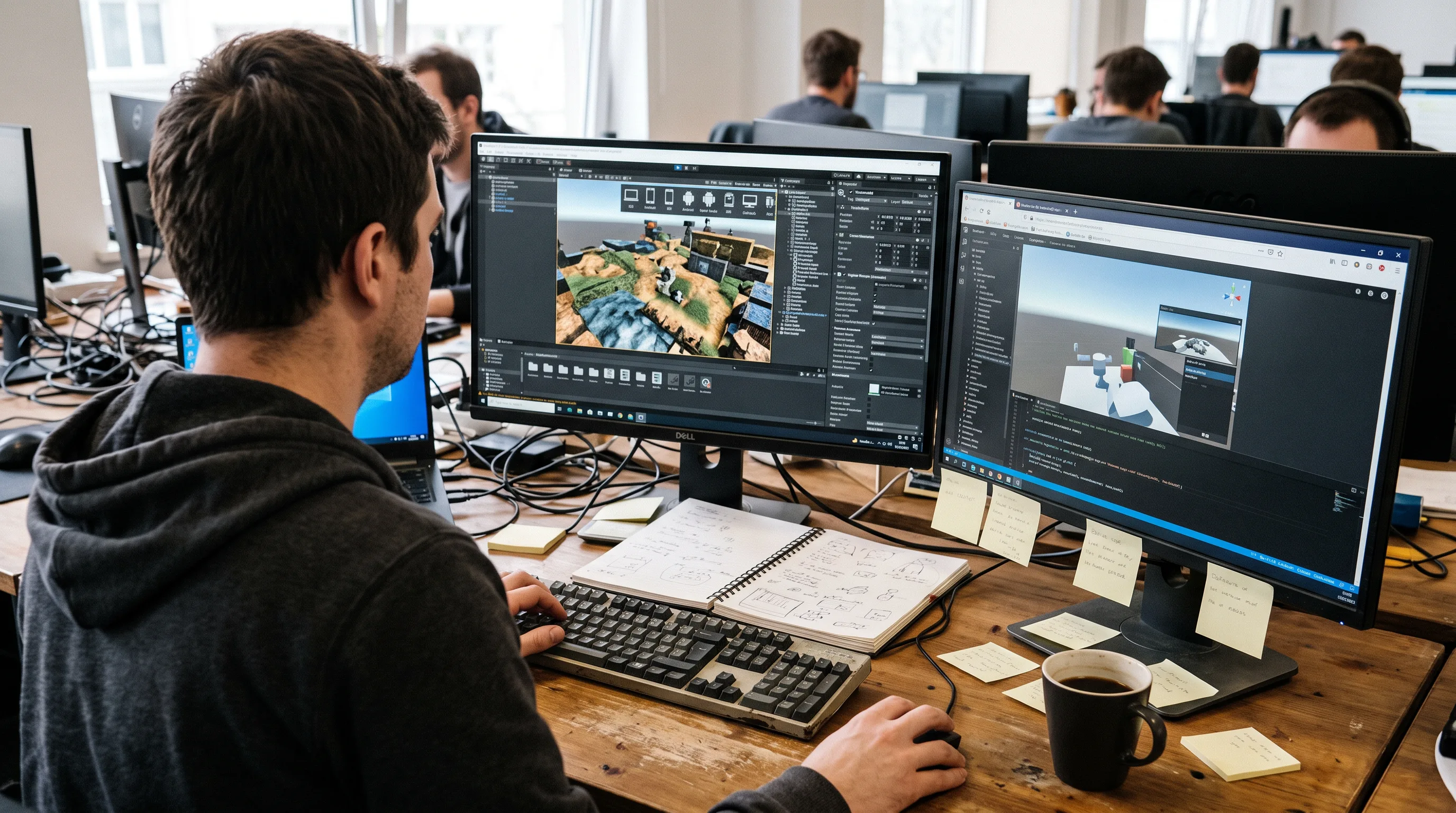 Software engineer at a workstation comparing 3D game engine options for a metaverse build