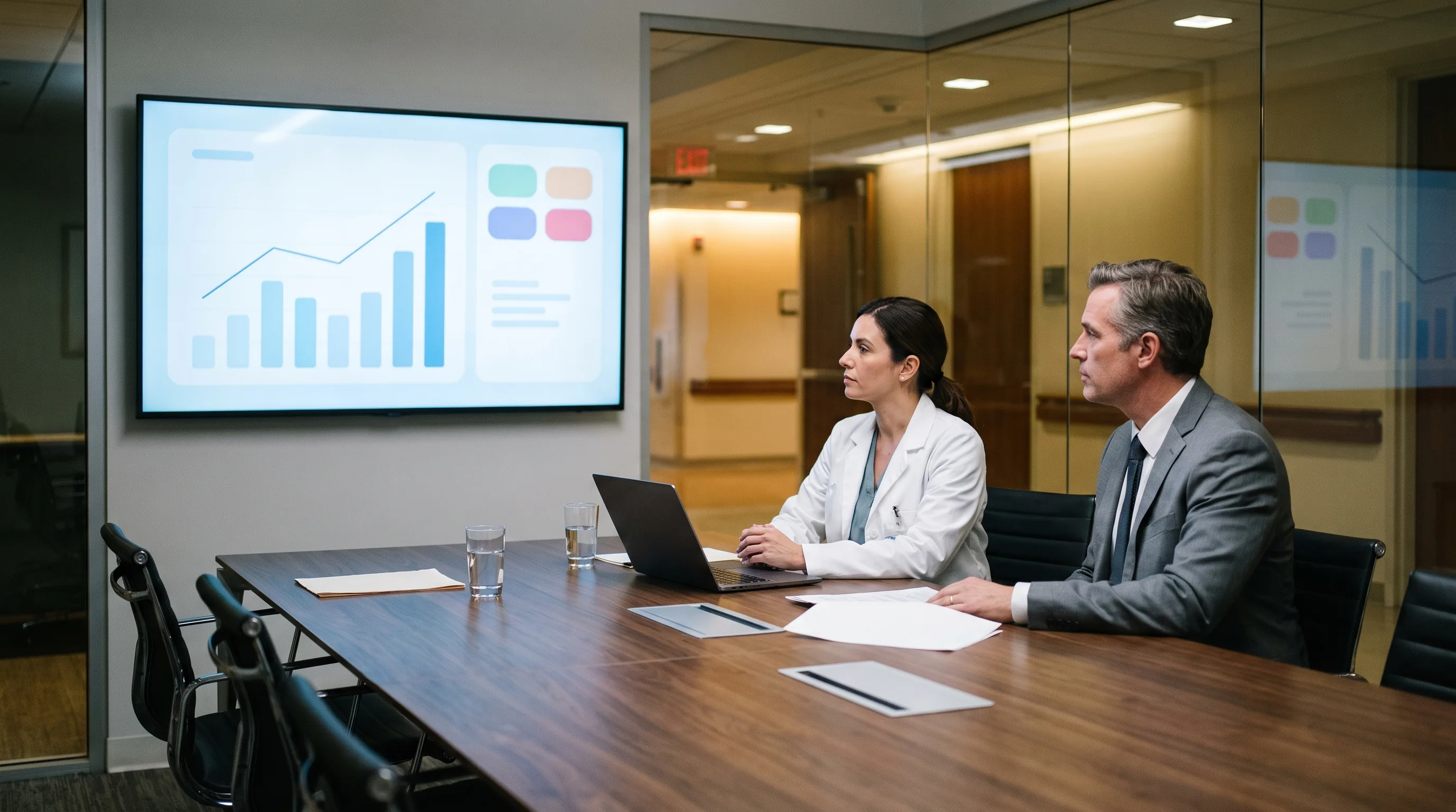 Chief medical officer and finance director reviewing an analytics dashboard on a wall display in a hospital meeting room