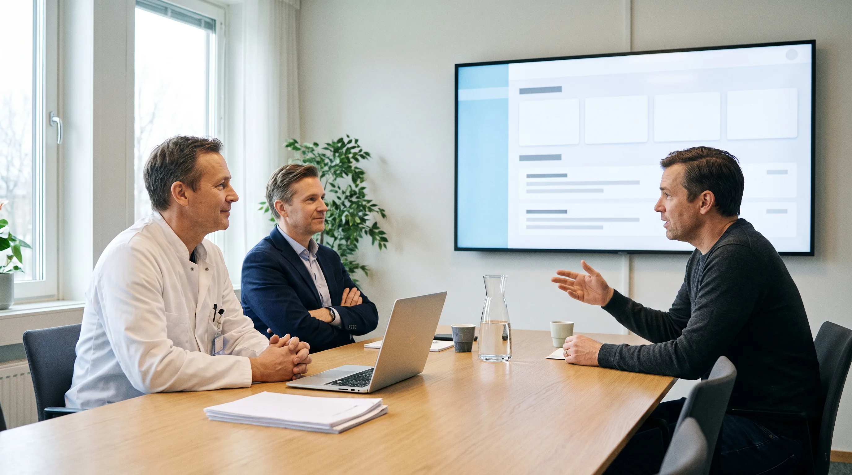 Clinical director and IT director evaluating an AI healthcare app development company as its engineer presents on a wall display