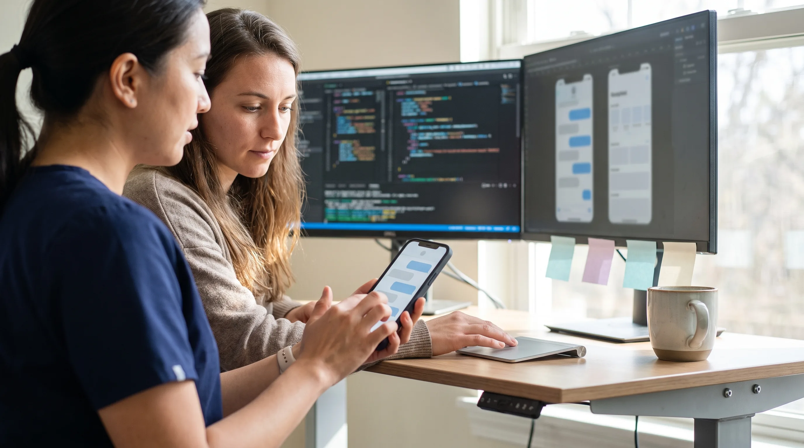 Nurse tapping through a patient-triage chat prototype on a phone while a developer watches at a two-monitor desk