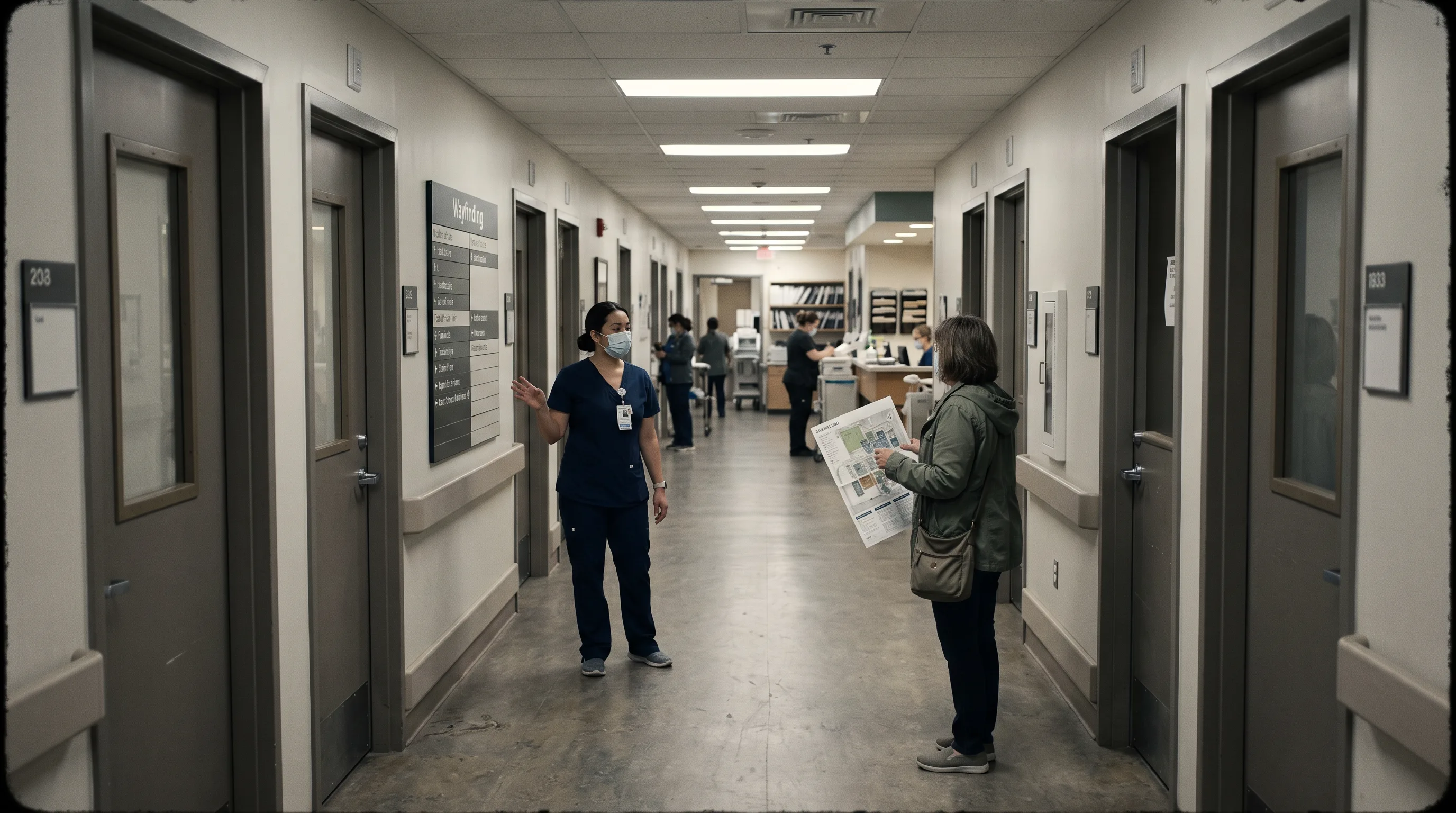 Nurse giving directions to a visitor in a busy hospital corridor