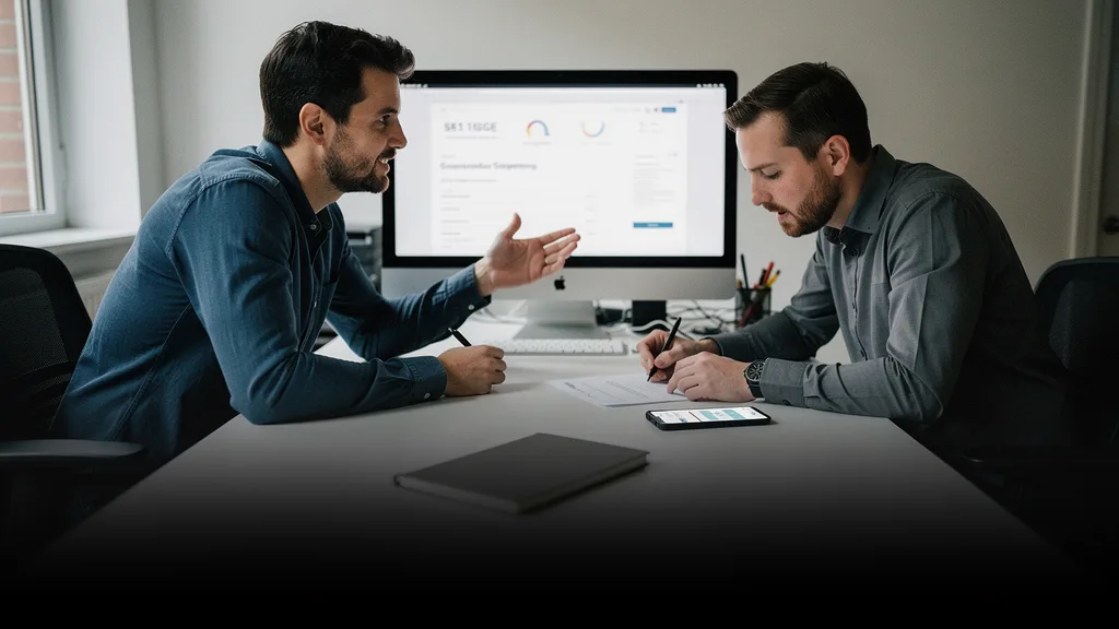 Developer and client reviewing mobile app development costs at a studio desk