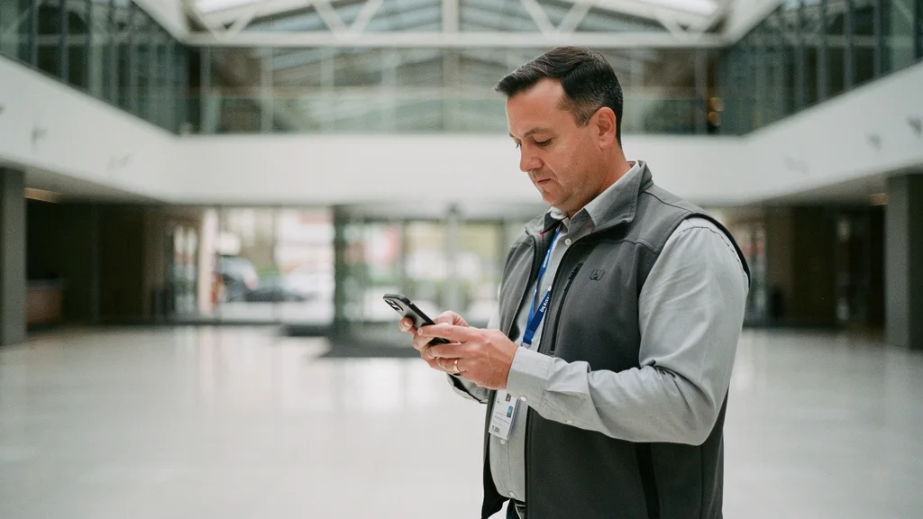 Facilities manager checking an indoor navigation solution on a smartphone in a large building lobby