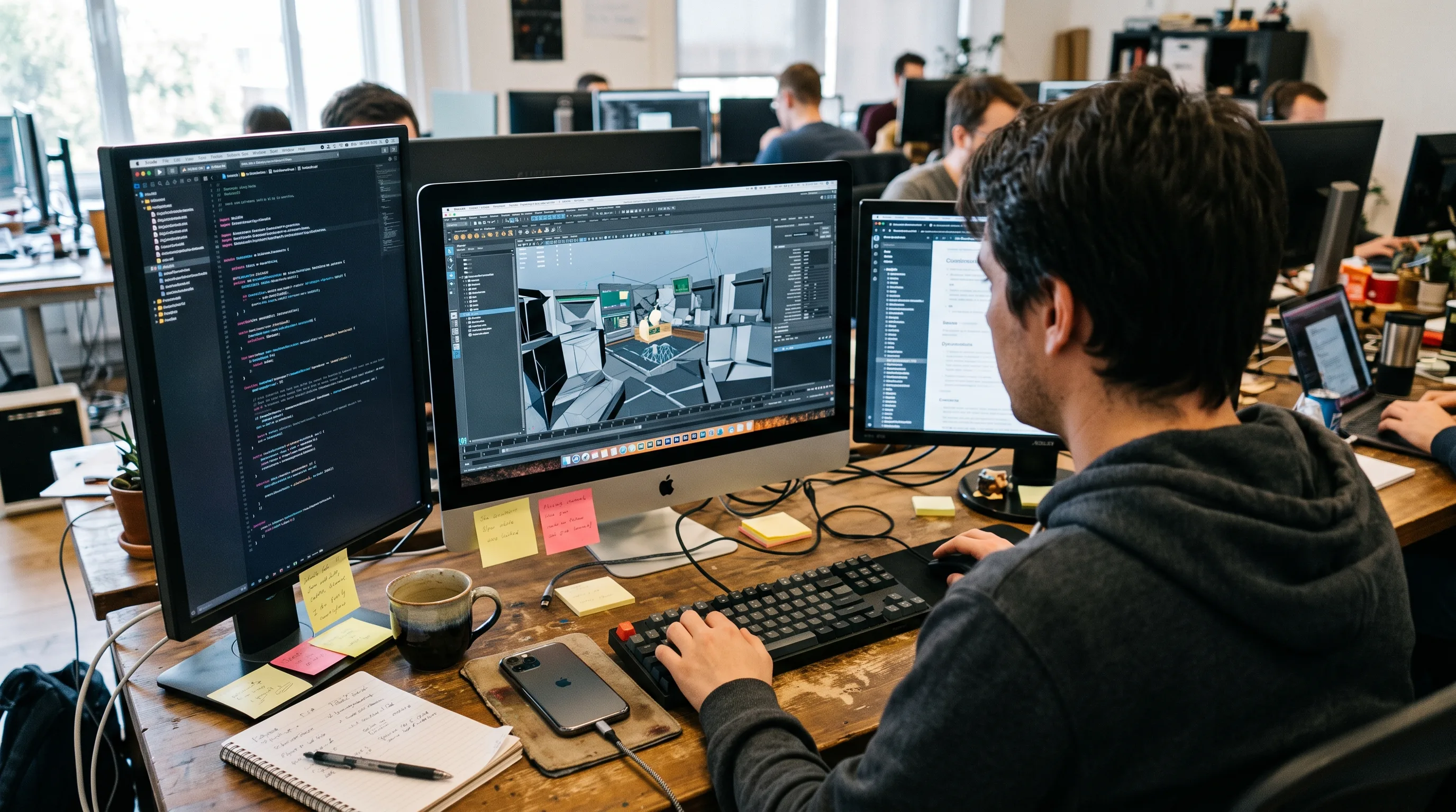 iOS developer reviewing native app code in Xcode with an iPhone connected on their desk