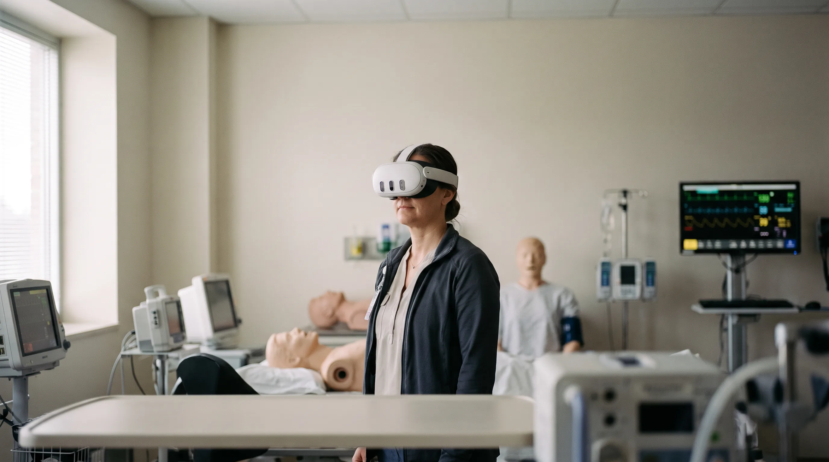 Clinical director wearing Meta Quest 3 assesses medical VR companies in a hospital training lab