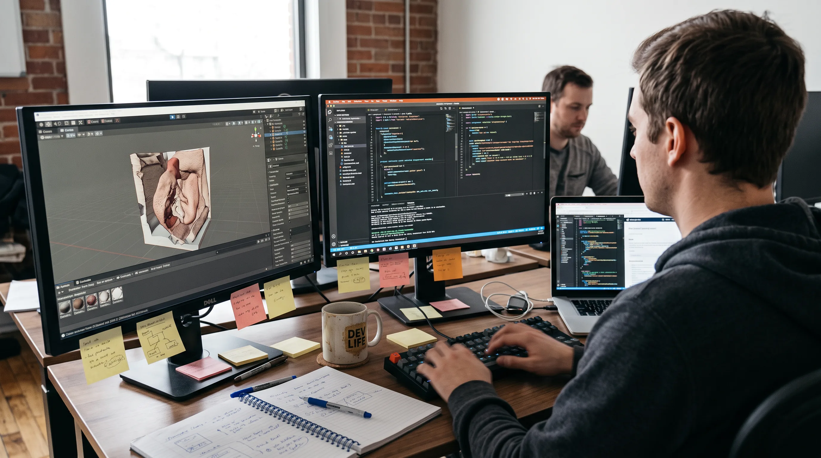VR development team reviewing 3D anatomy models on multiple workstation screens for a healthcare build