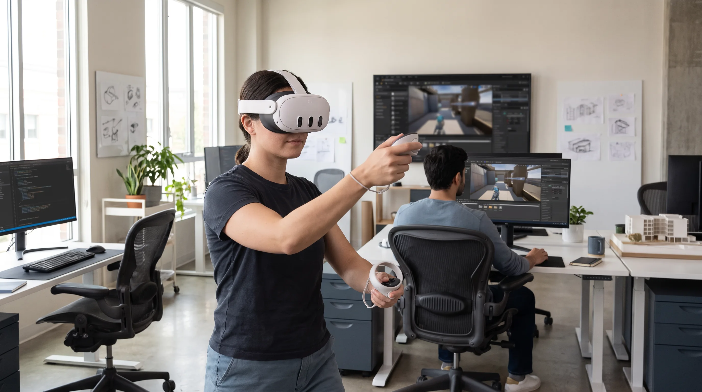 QA tester wearing Meta Quest 3 headset testing a Unity game in a studio