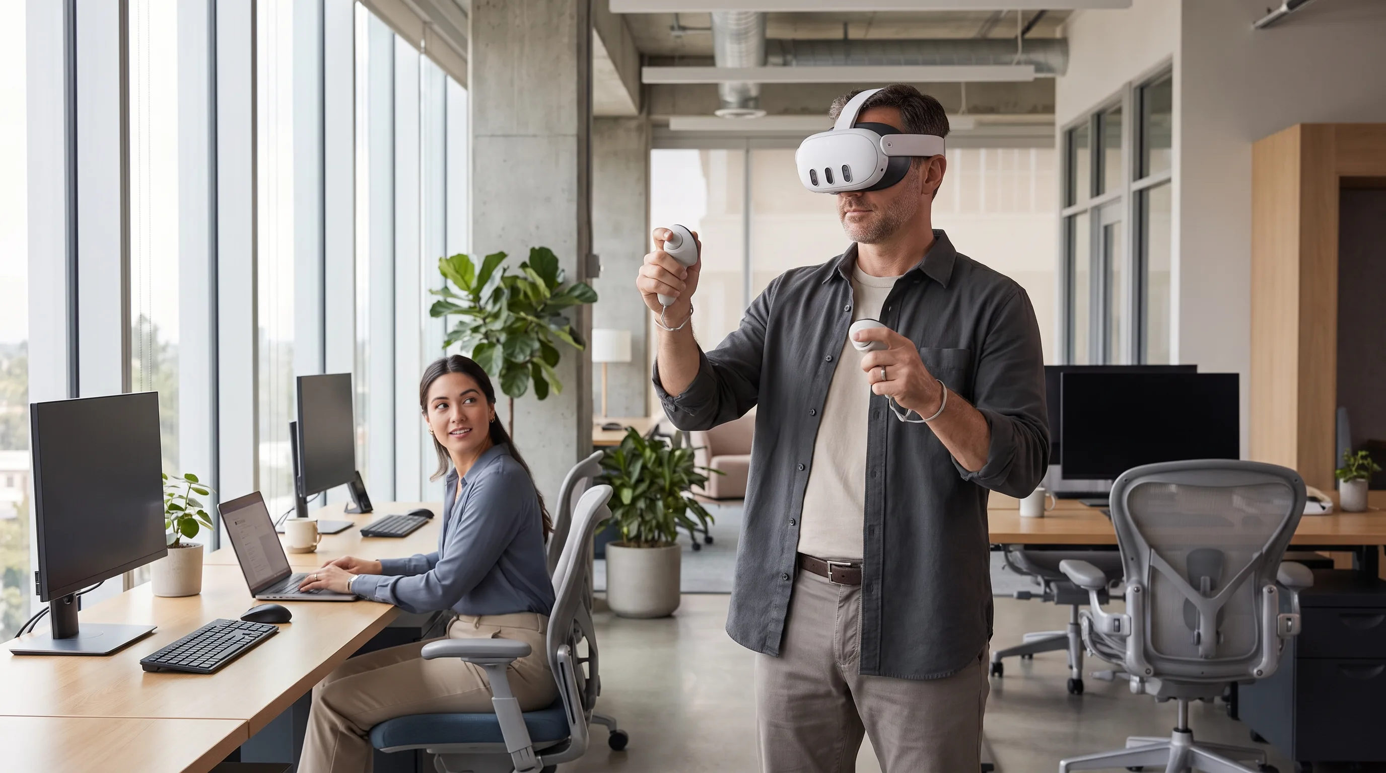 Business professional wearing a Meta Quest 3 headset using a metaverse application in an office