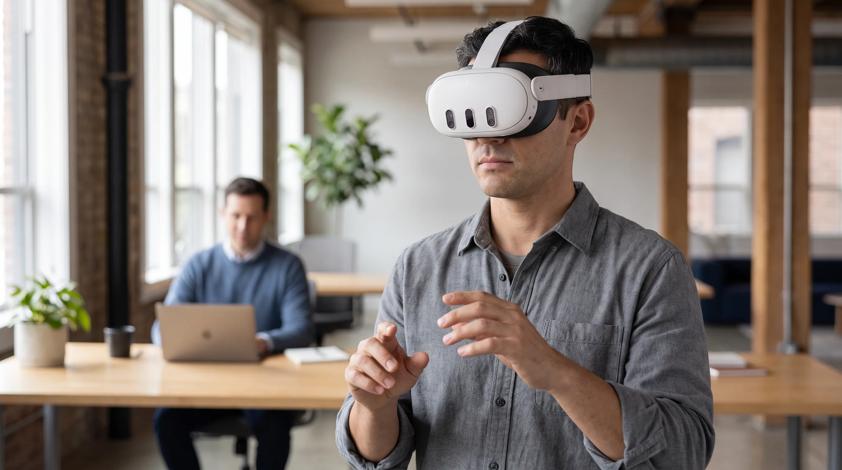 Professional wearing a Meta Quest 3 headset in a modern office with a colleague observing nearby