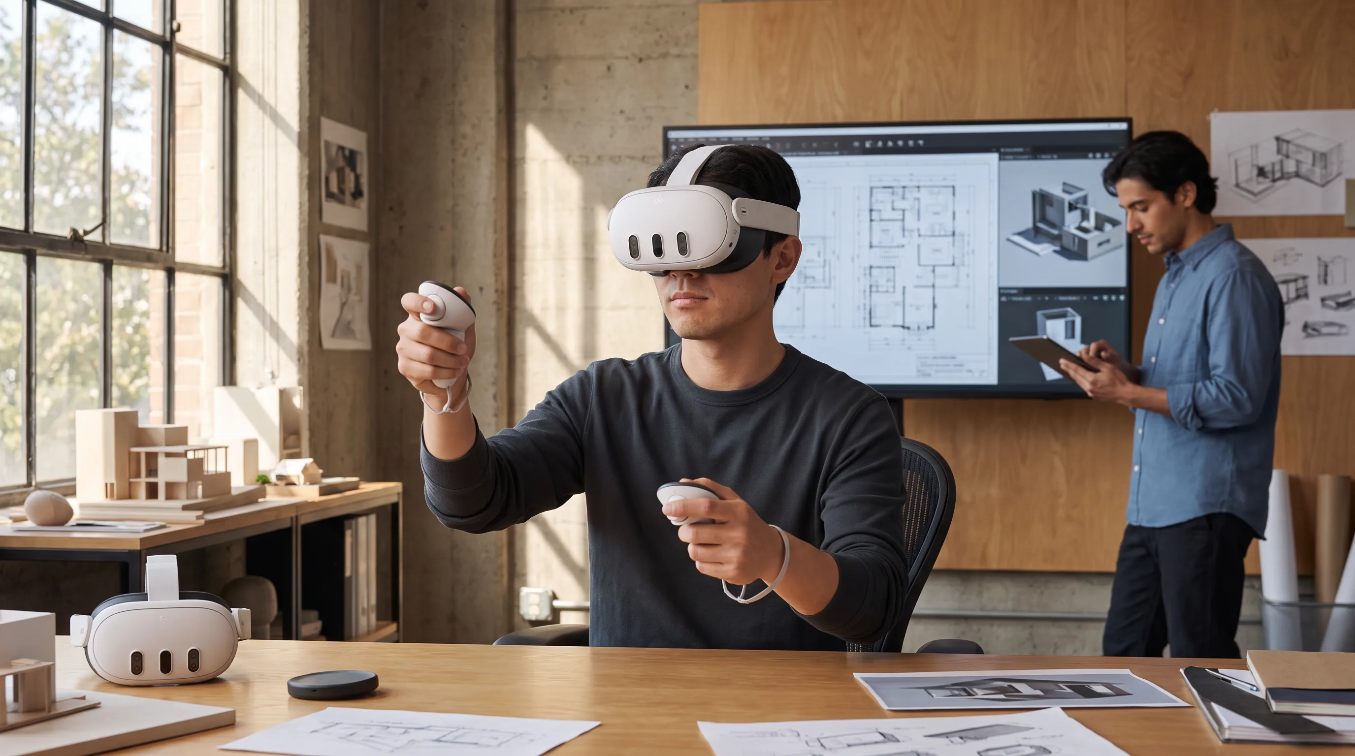 Developer wears Meta Quest 3 headset testing a spatial app in a design studio