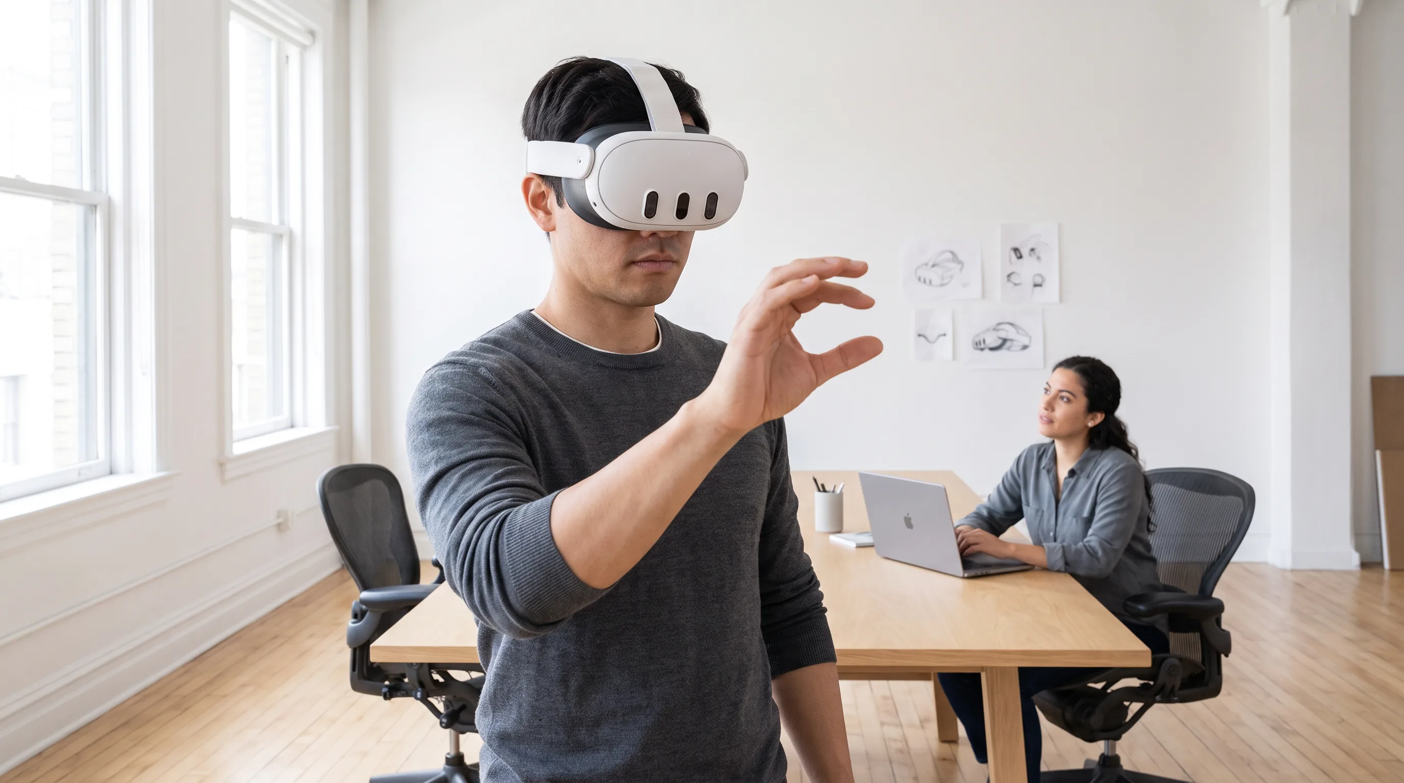 Developer wearing Meta Quest 3 testing spatial gesture interactions in a bright studio