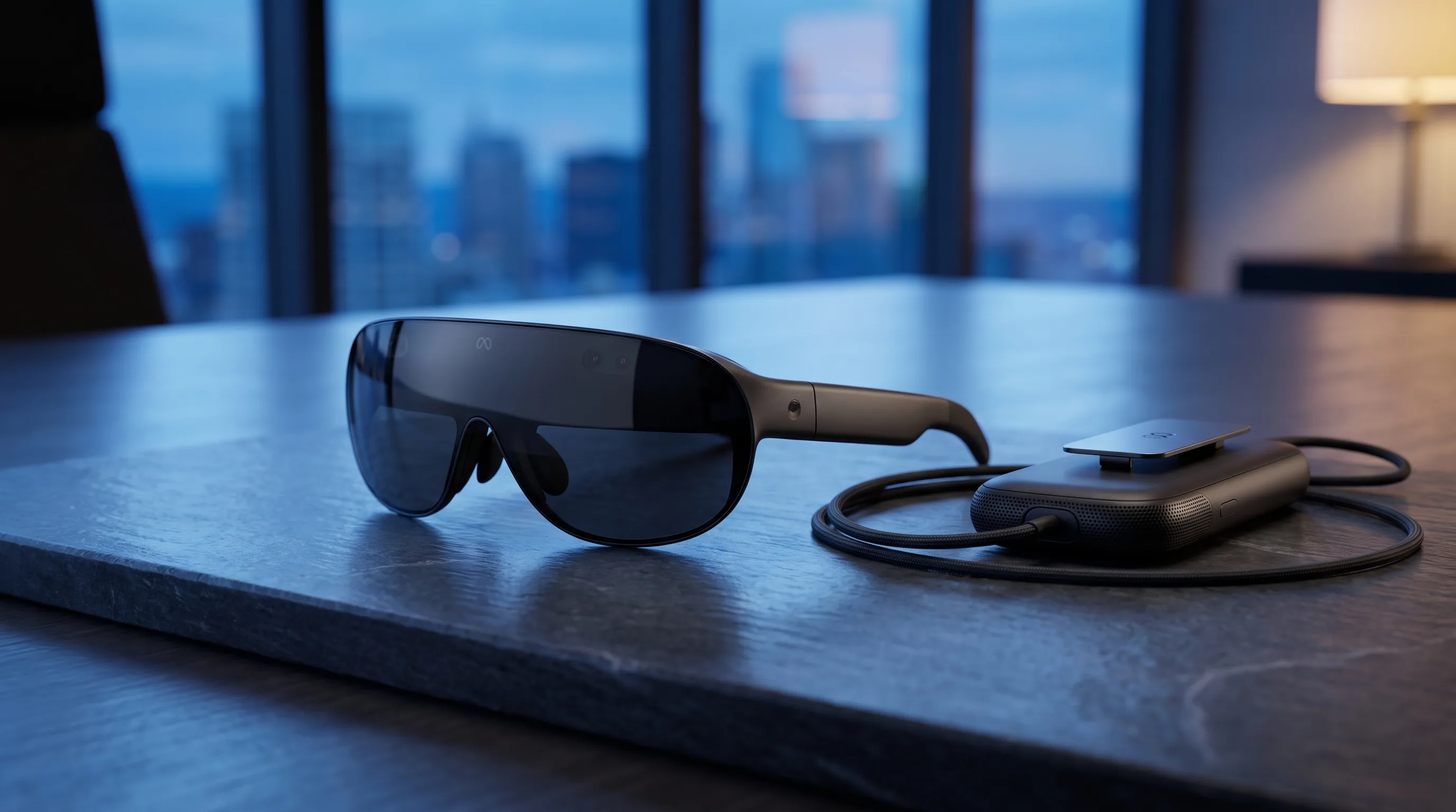 Meta VR Glasses and compute puck resting on a slate boardroom table with a city skyline at blue hour behind the window
