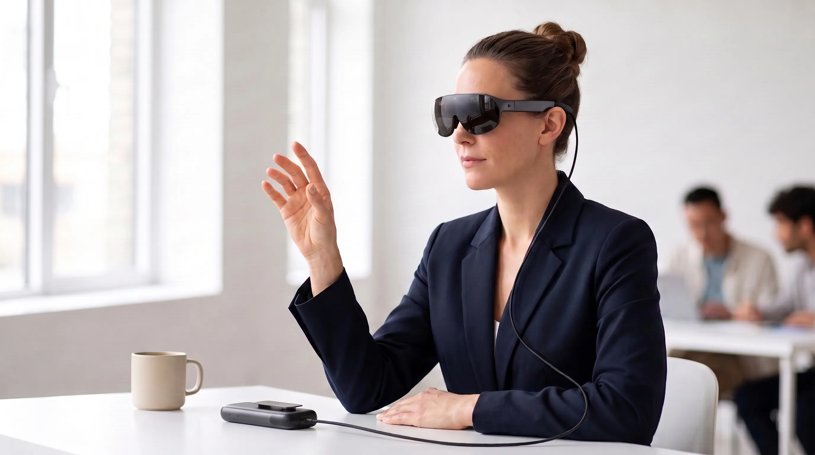 Professional in a navy blazer wearing Meta VR Glasses at a white desk, hand raised in a pinch gesture, with the compute puck resting on the desk beside her laptop