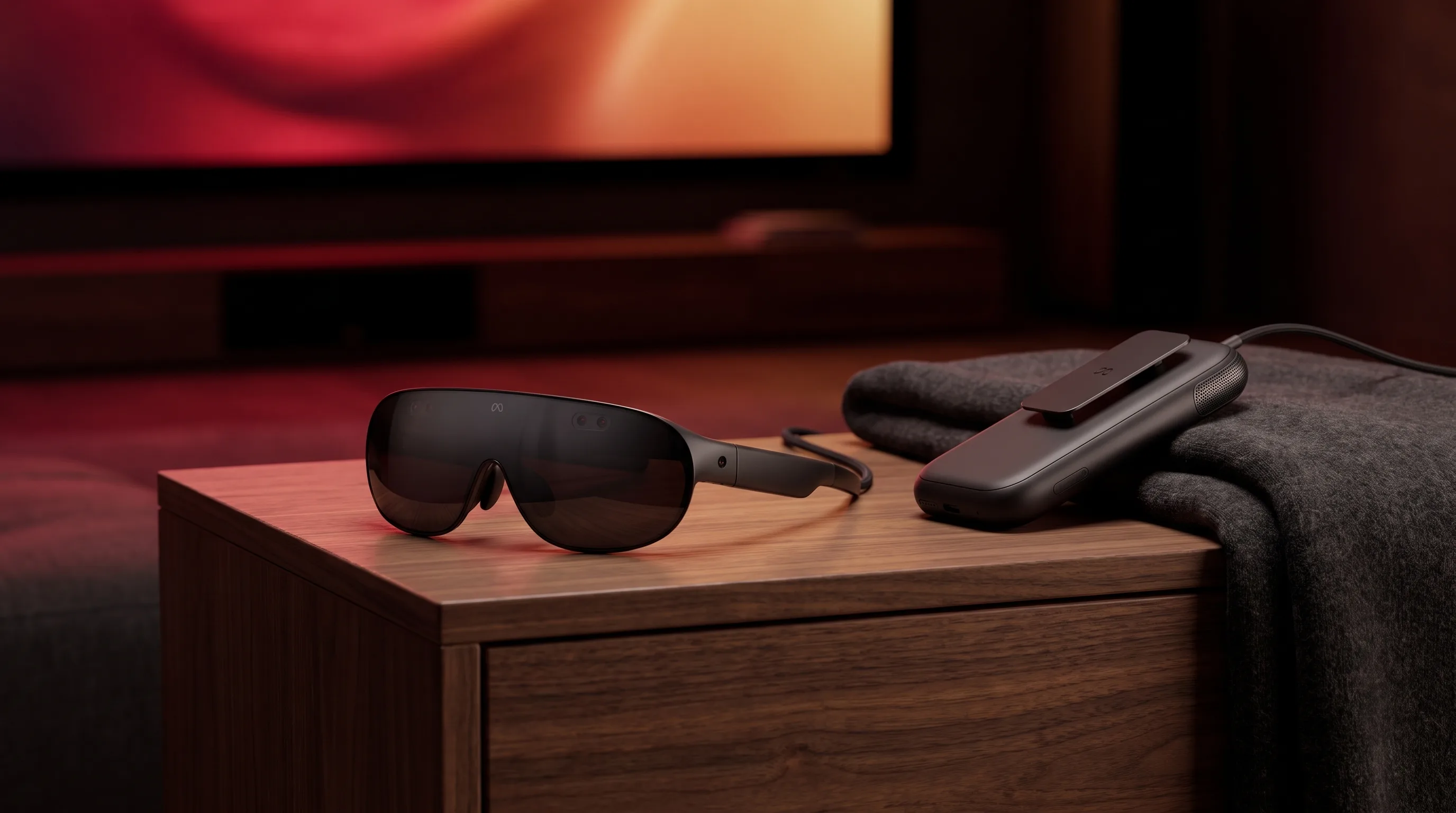 Meta VR Glasses on a walnut media console in a dim home cinema with a screen glowing crimson and amber in the background