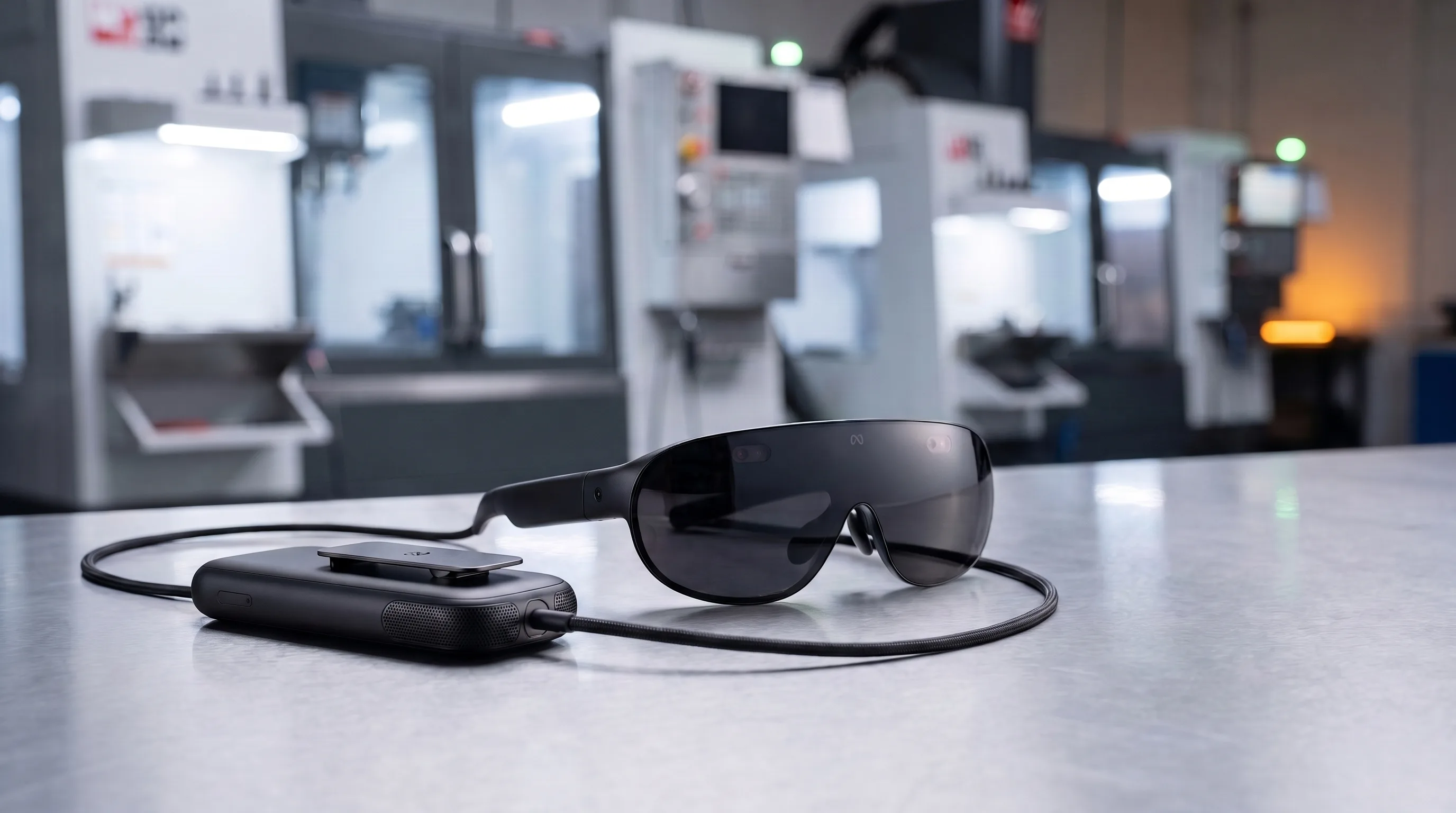 Meta VR Glasses and compute puck on a brushed-steel workbench with CNC machining centers softly blurred in the background
