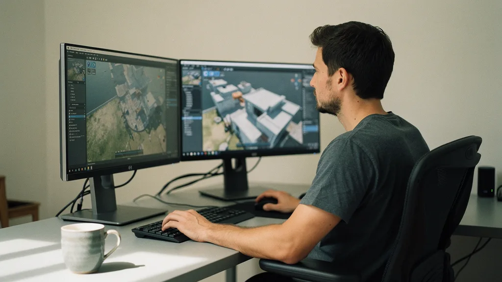Developer building a metaverse application in a game engine editor at a dual-monitor workstation