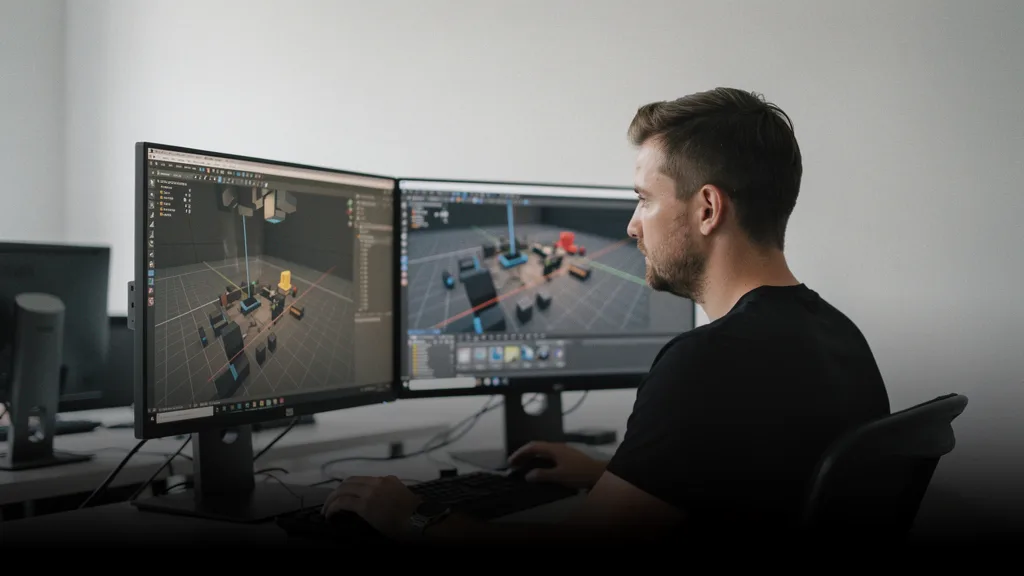 Developer at a dual-monitor game engine workstation evaluating metaverse development tools