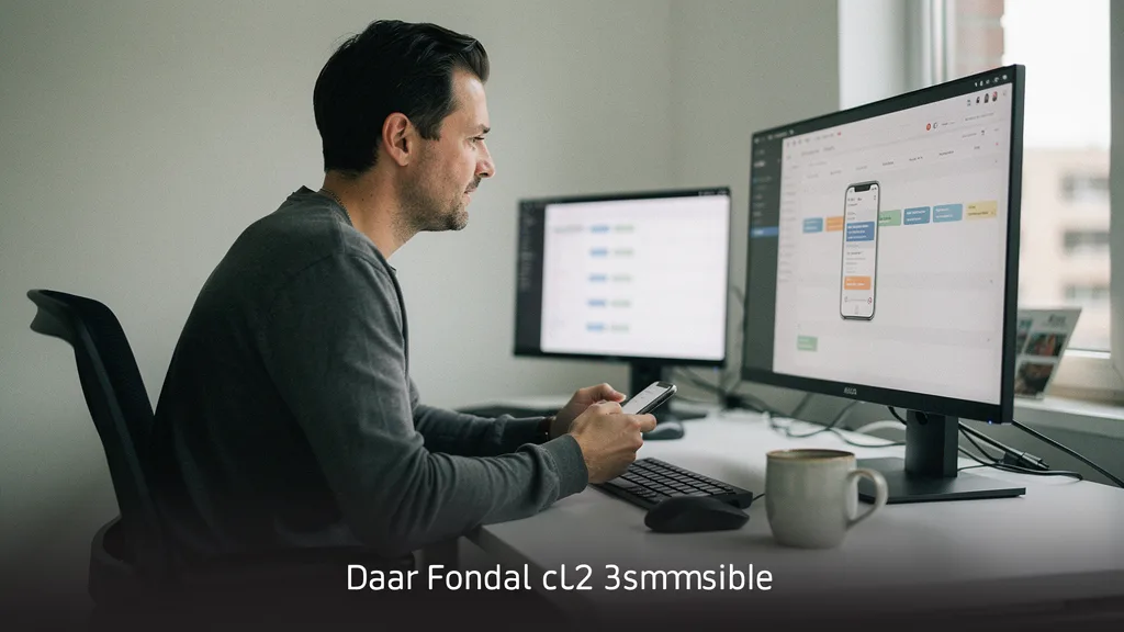 Developer reviews a mobile app on dual monitors in an Austin design studio