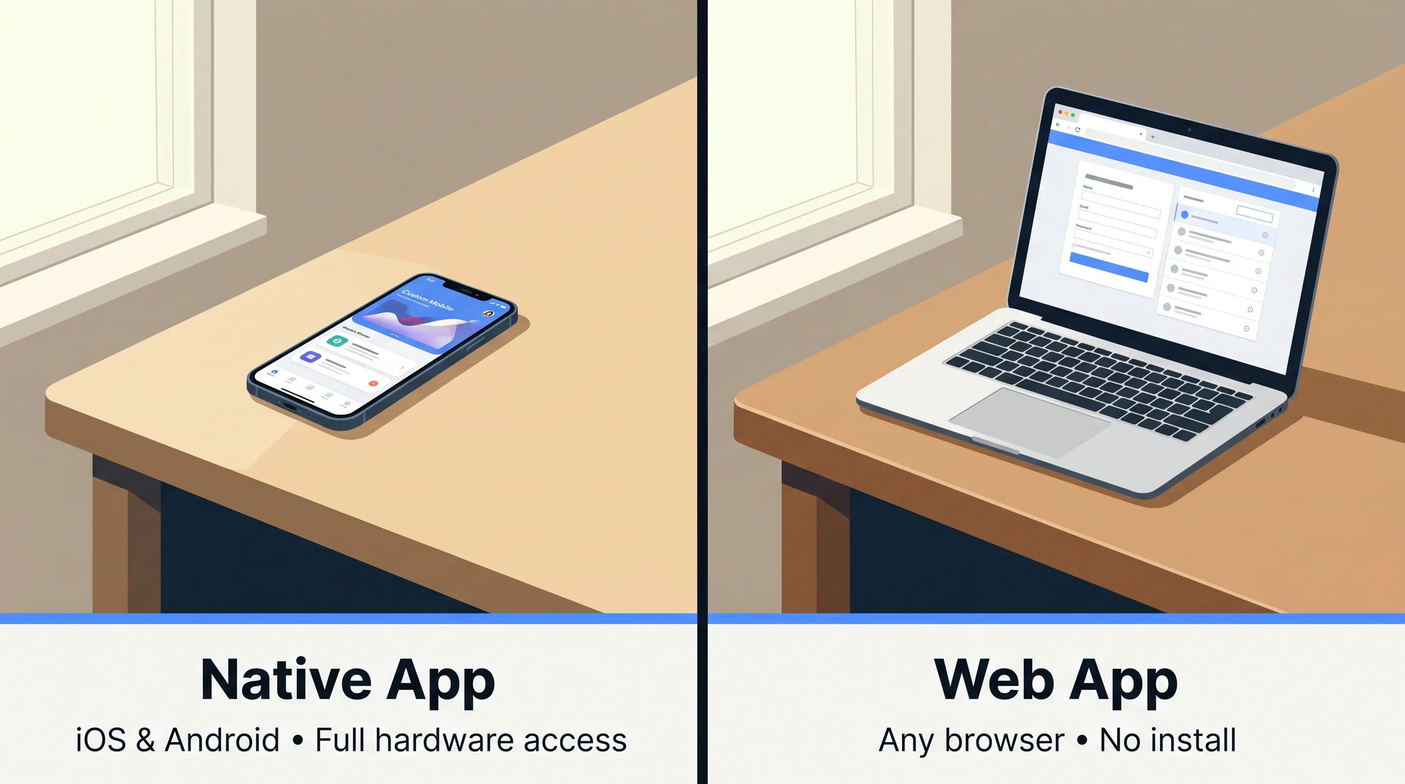 Two-panel comparison of native app and web app key attributes side by side