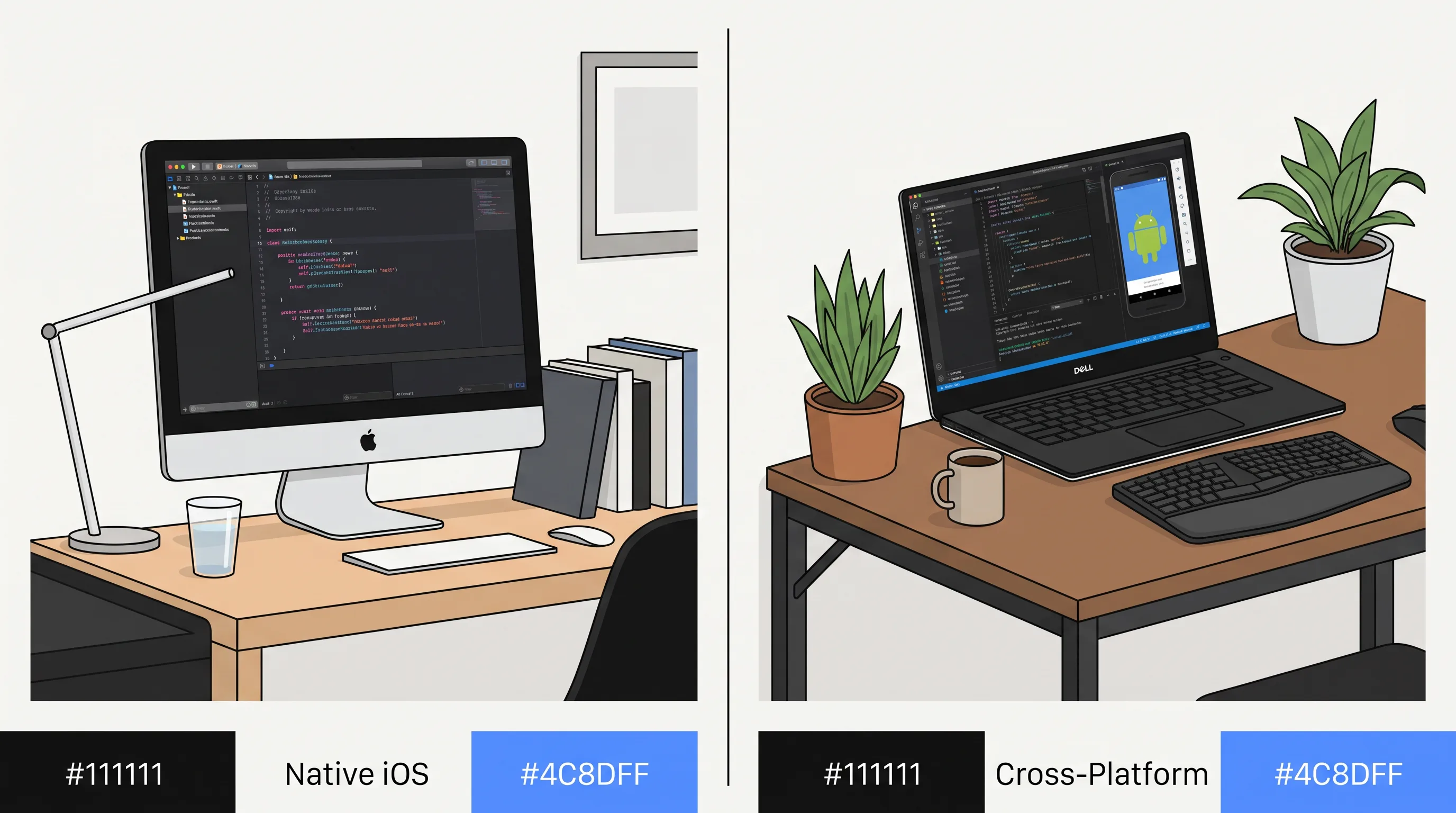 Split graphic comparing Native iOS and Cross-Platform mobile app development