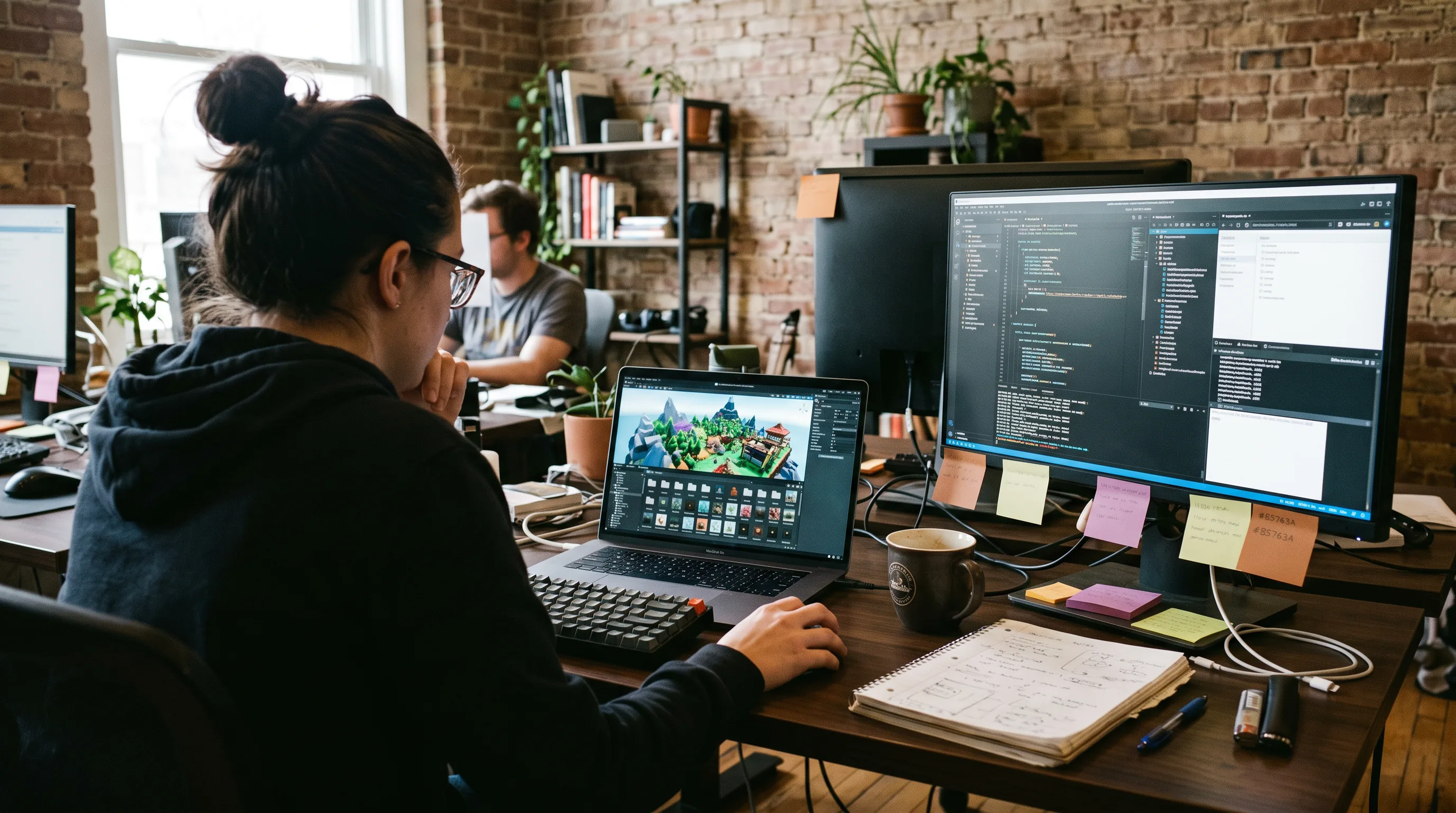 Developer at a shared-office desk working inside a no-code 3D world builder platform