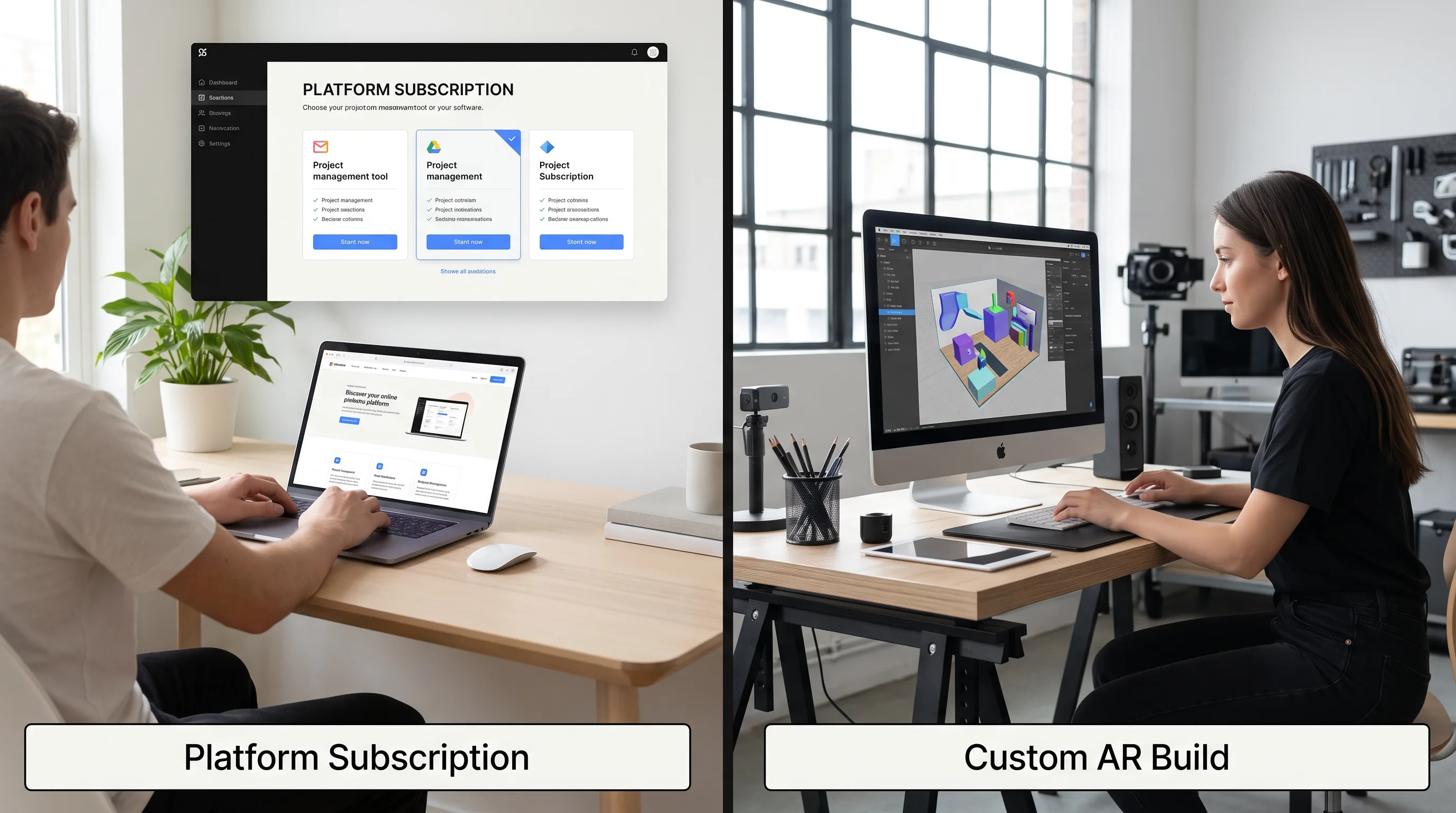 Two-panel comparison of a platform AR subscription versus a custom AR build