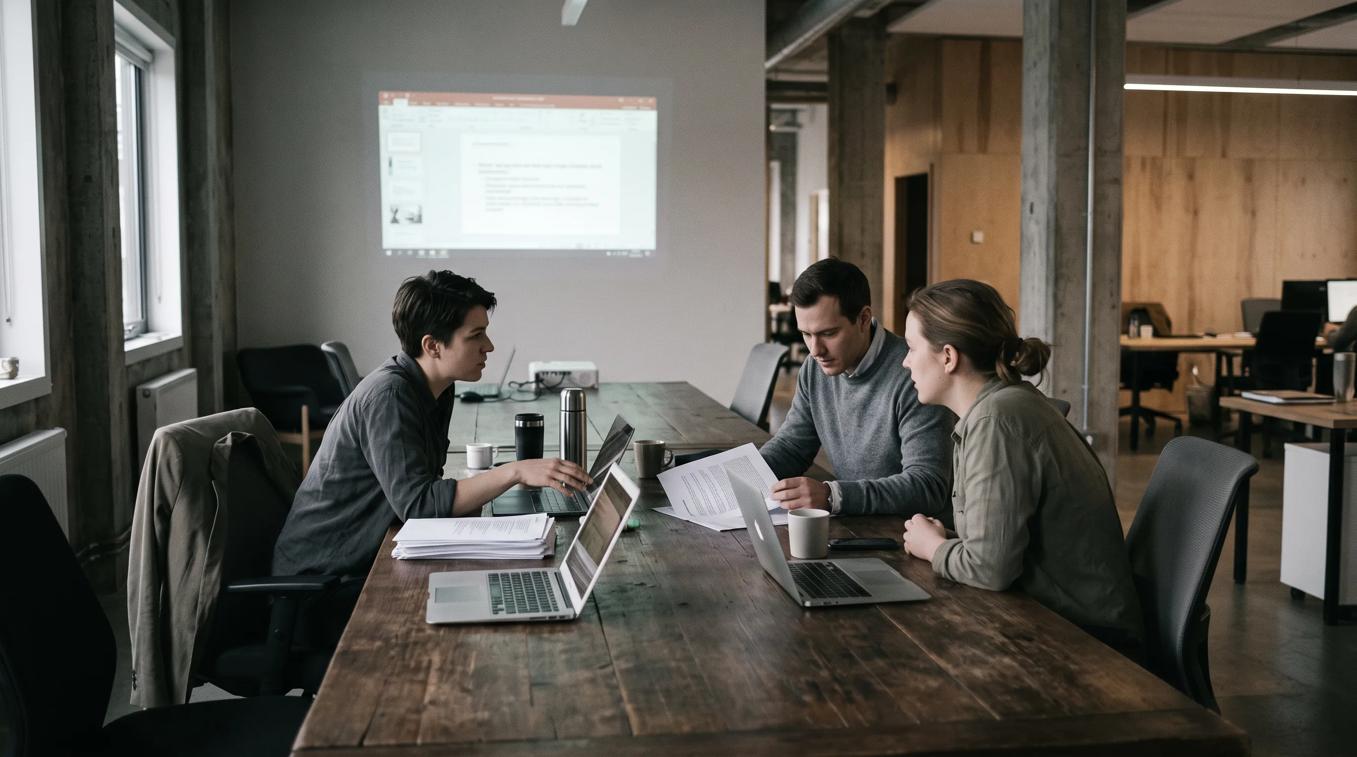 Product team discussing an app development roadmap around a conference table