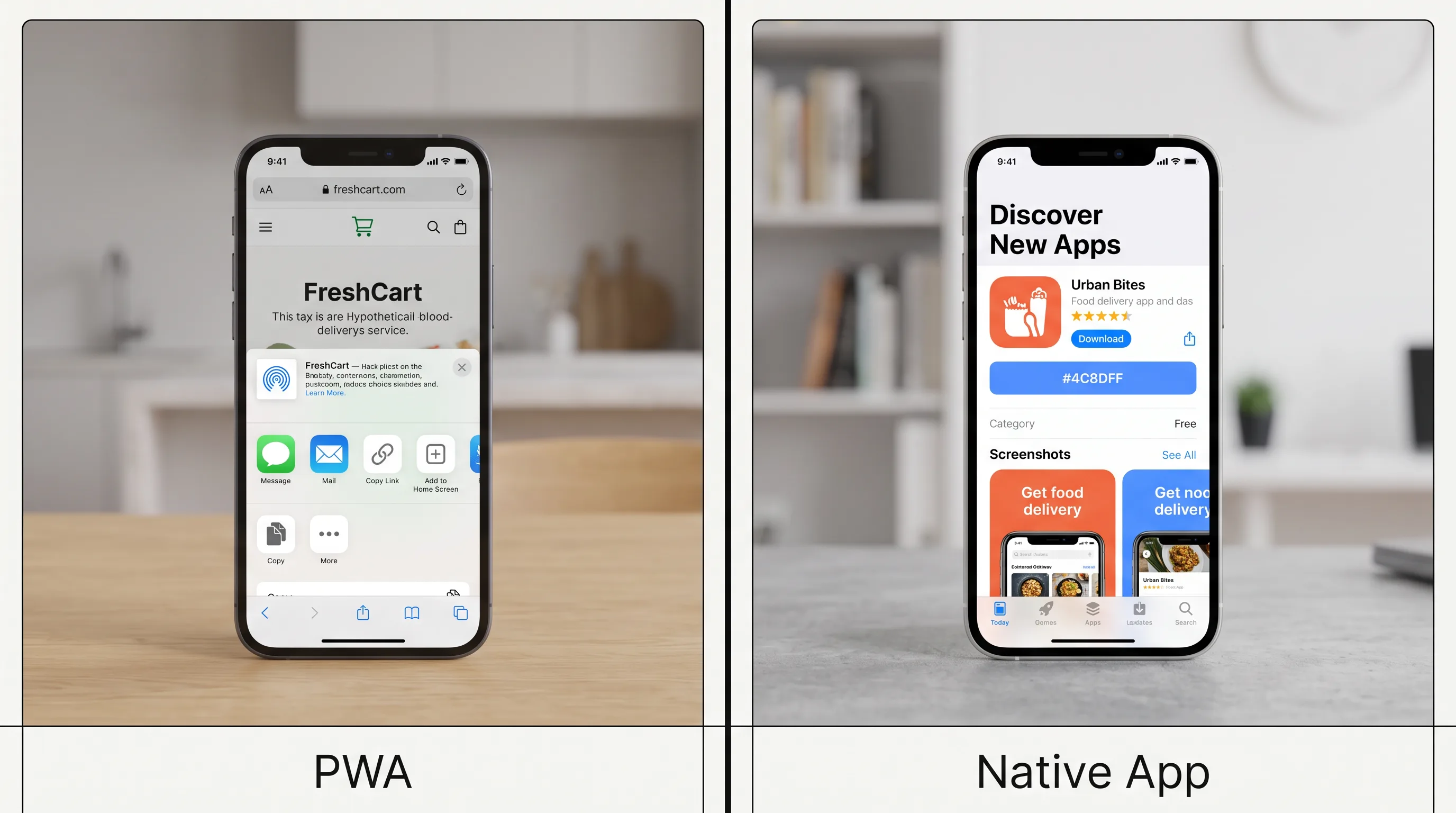 Side-by-side of a PWA browser install and an App Store native app listing on smartphones