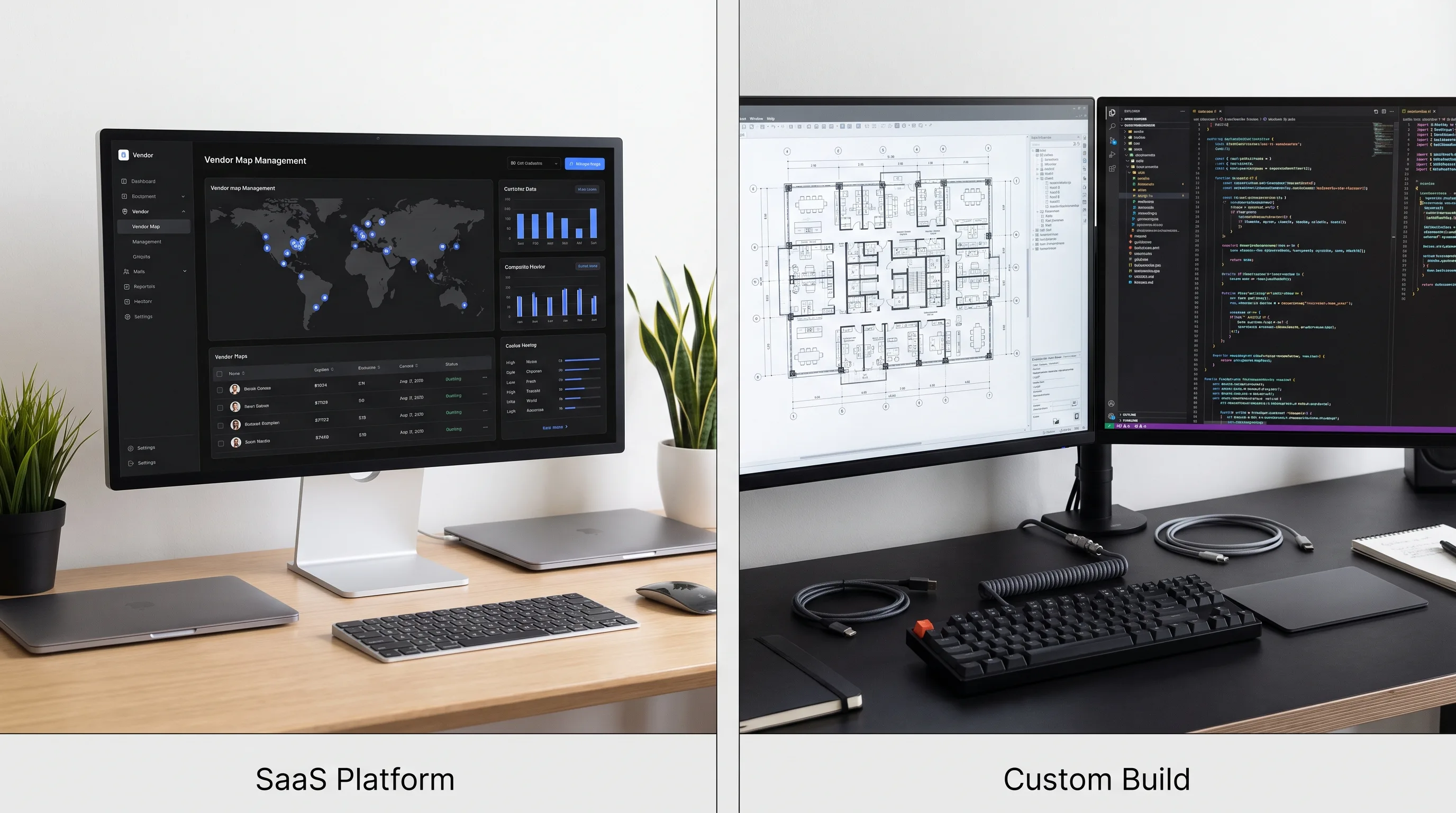 Side-by-side comparison of a SaaS navigation dashboard and a custom app development workstation