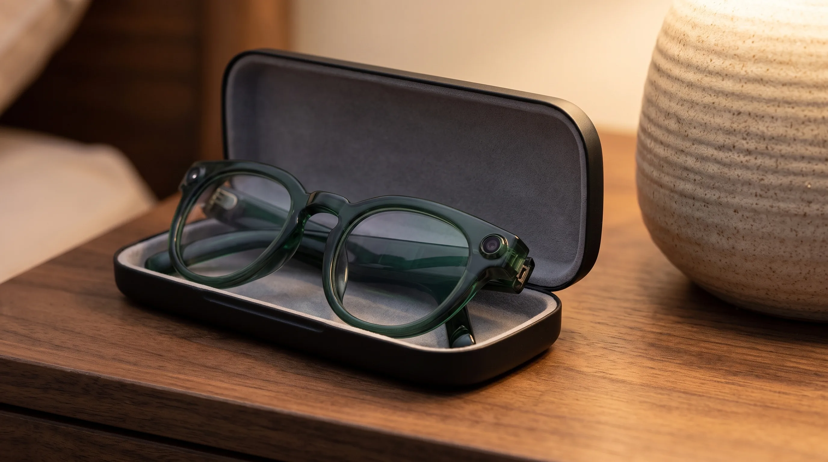 Samsung smart glasses folded inside their matte-black charging case on a walnut nightstand in warm evening light