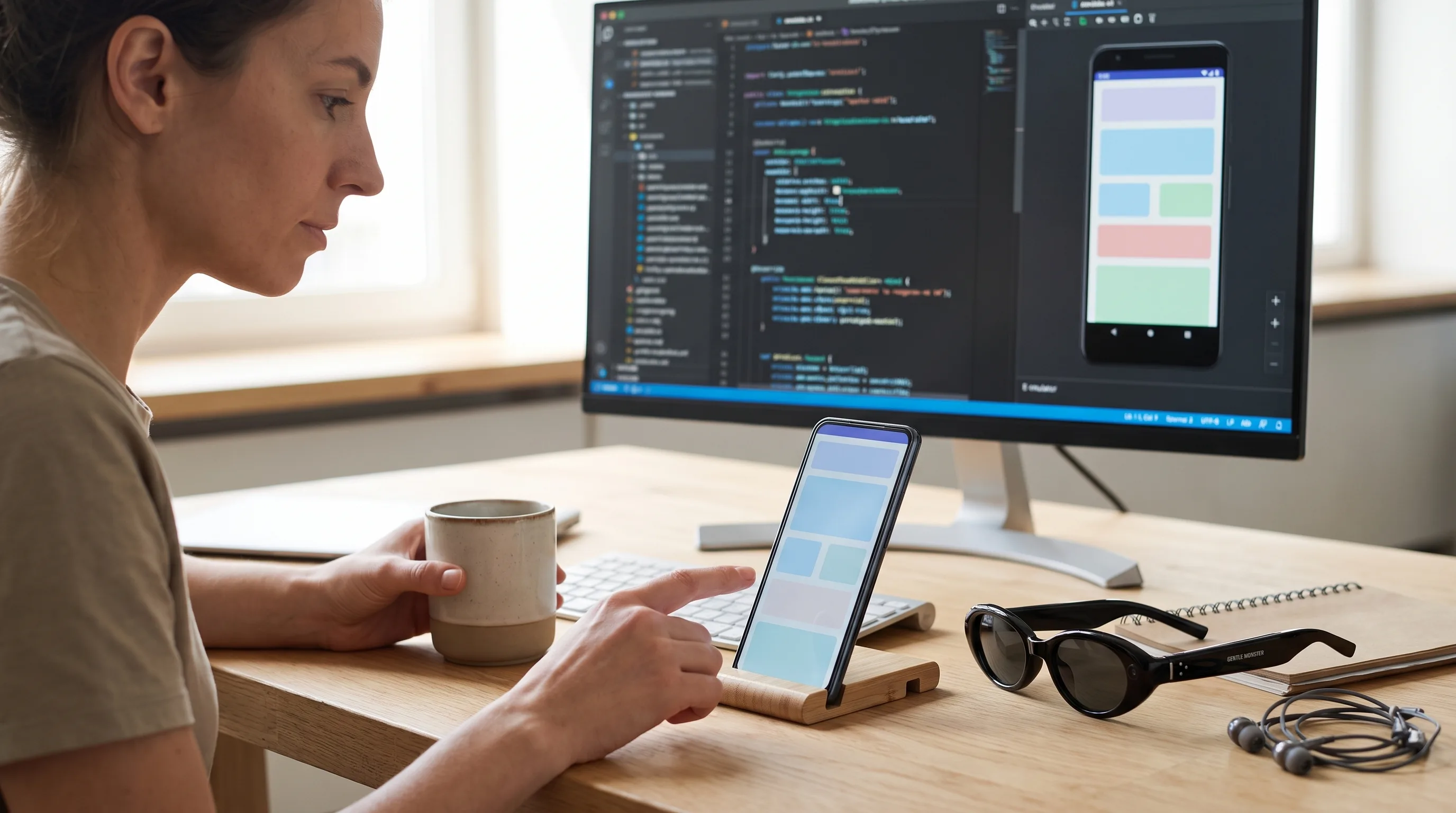 Developer testing an Android XR glasses app on a phone with Samsung smart glasses in the black Gentle Monster frame resting on the desk